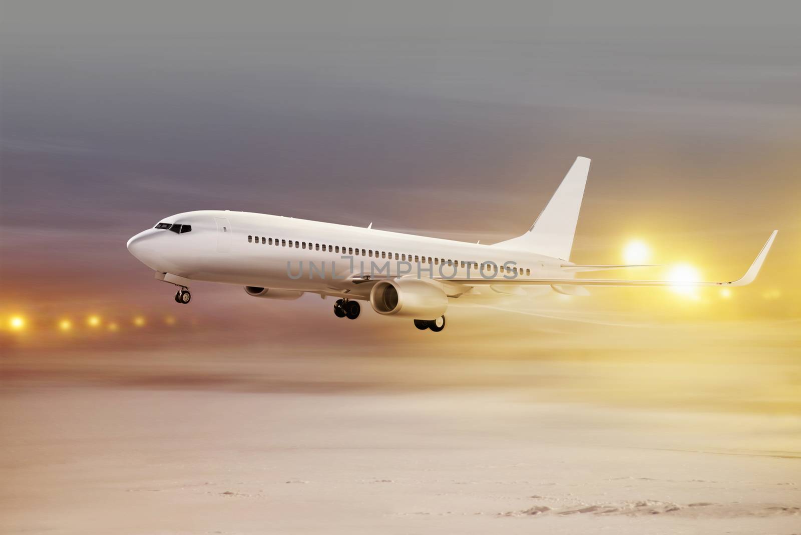 airport and white plane taking off at non-flying weather, snowstorm