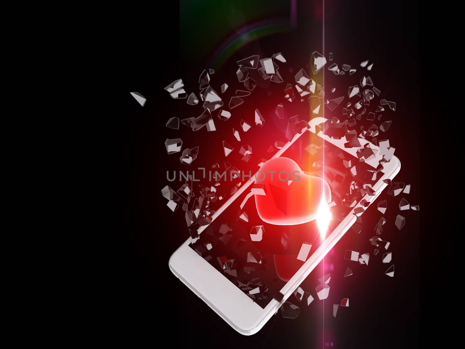 Red heart burst out of the smartphone, lens flare, technology background