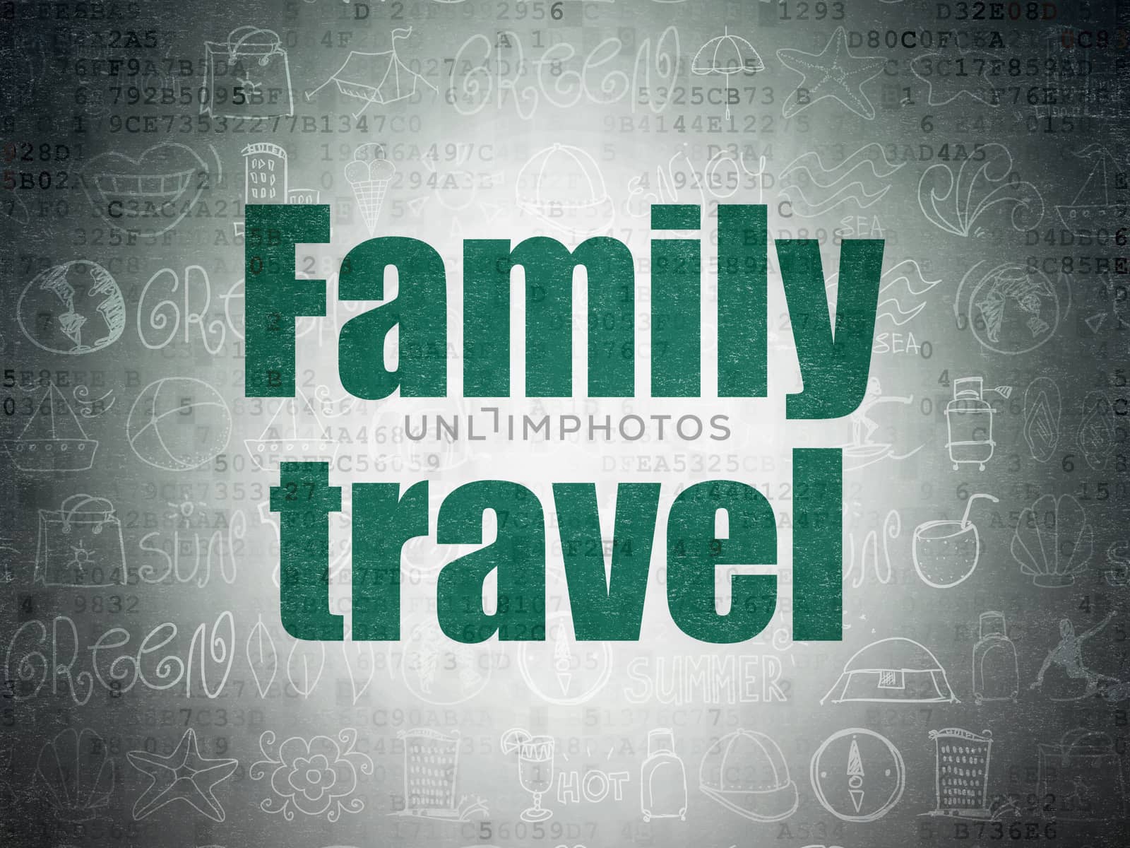 Vacation concept: Painted green text Family Travel on Digital Paper background with   Hand Drawn Vacation Icons