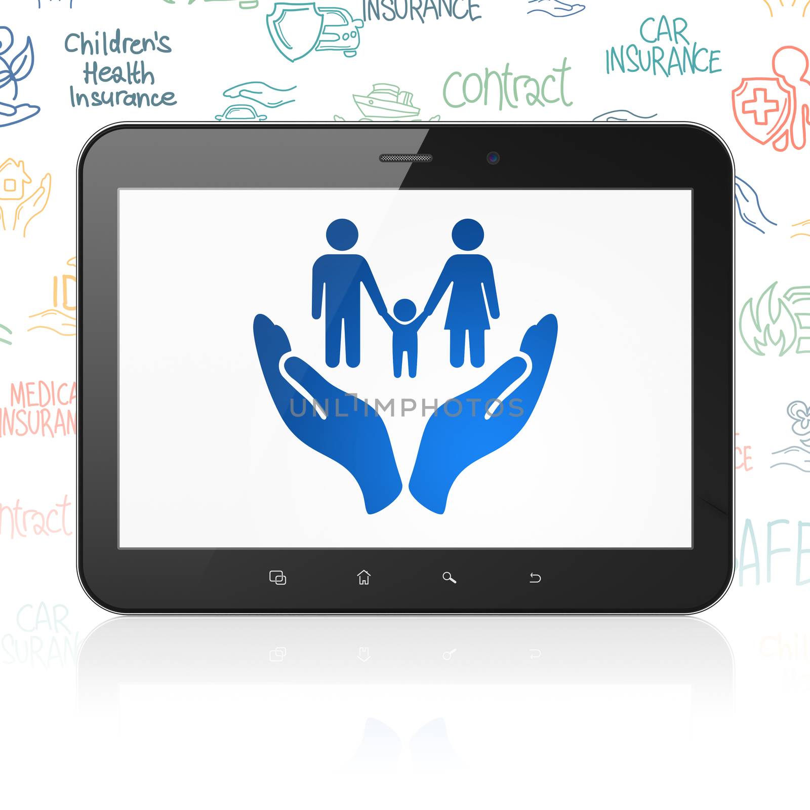 Insurance concept: Tablet Computer with  blue Family And Palm icon on display,  Hand Drawn Insurance Icons background