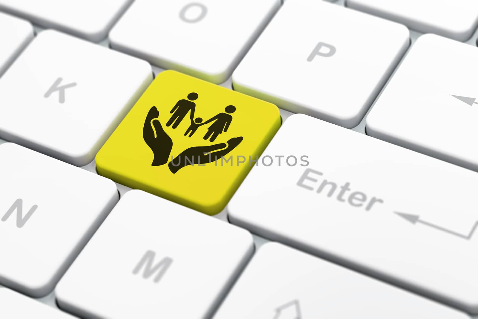 Insurance concept: computer keyboard with Family And Palm icon on enter button background, selected focus, 3d render