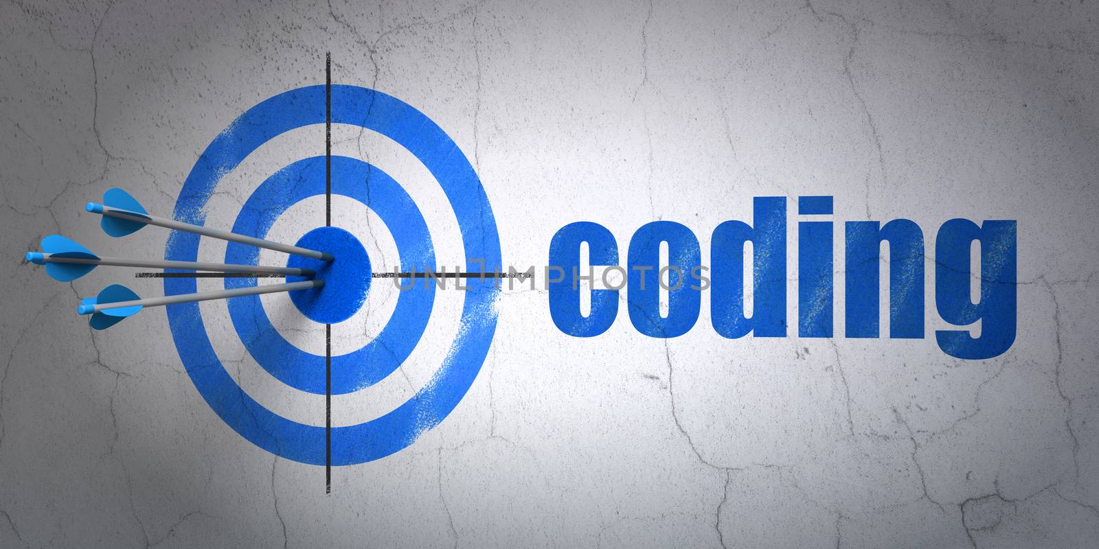 Success Software concept: arrows hitting the center of target, Blue Coding on wall background