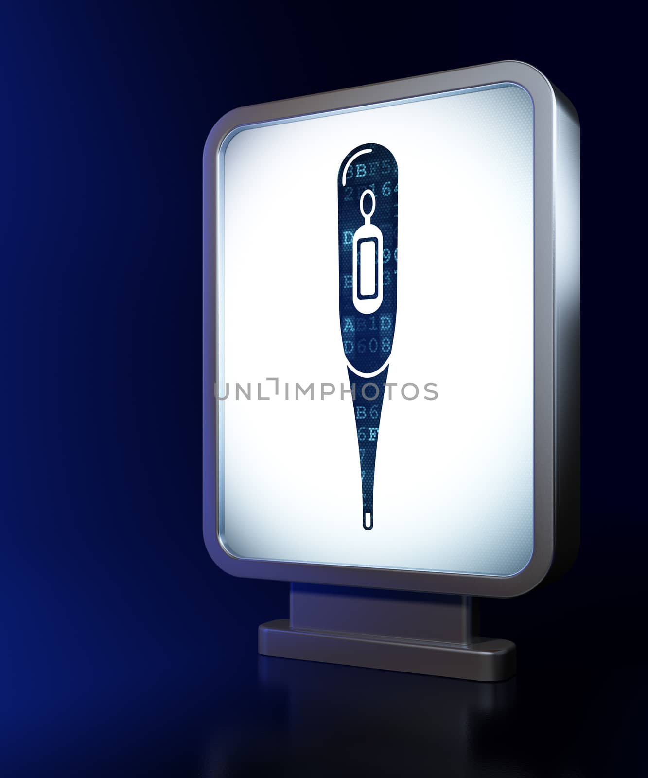 Health concept: Thermometer on advertising billboard background, 3d render