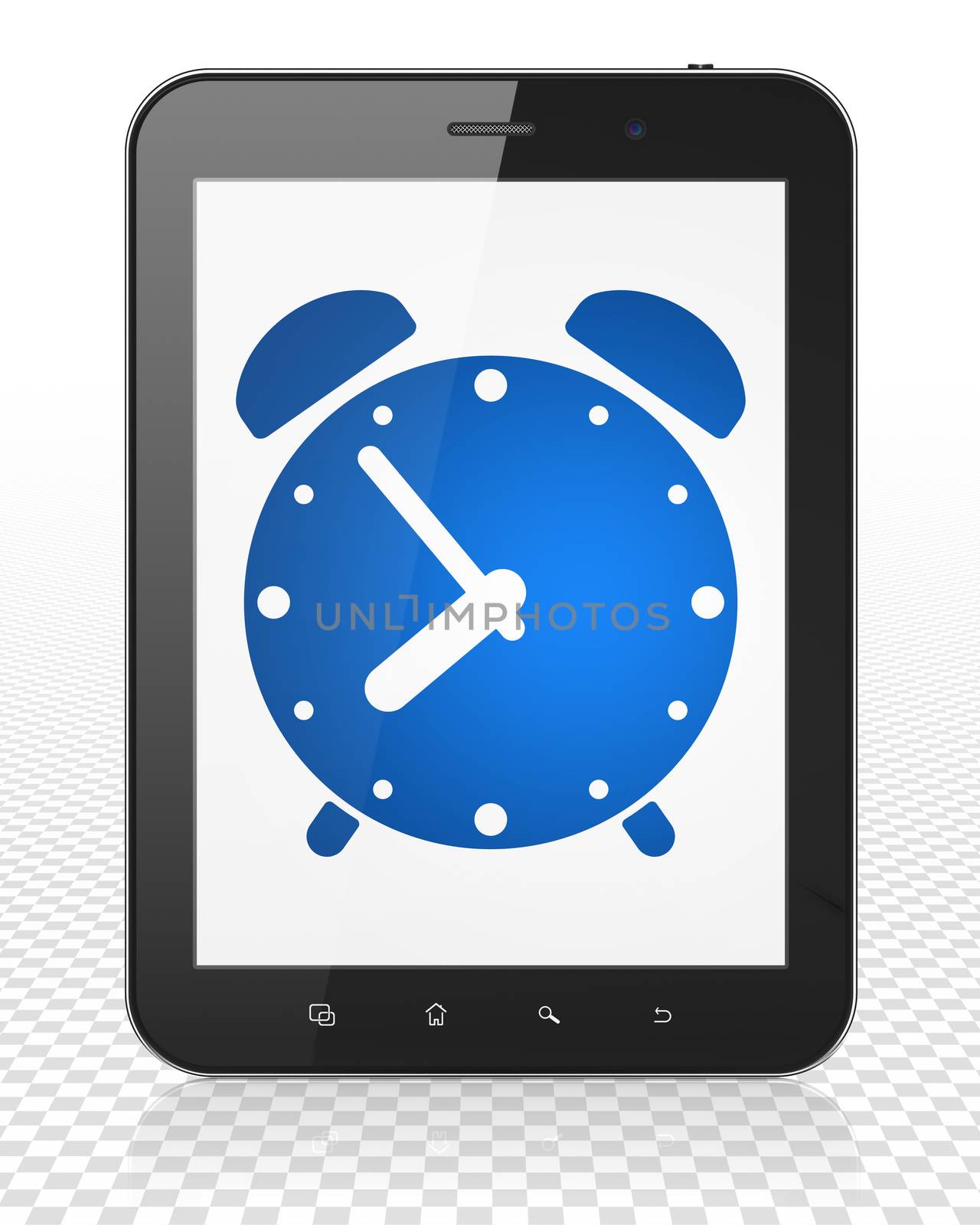 Timeline concept: Tablet Pc Computer with blue Alarm Clock icon on display