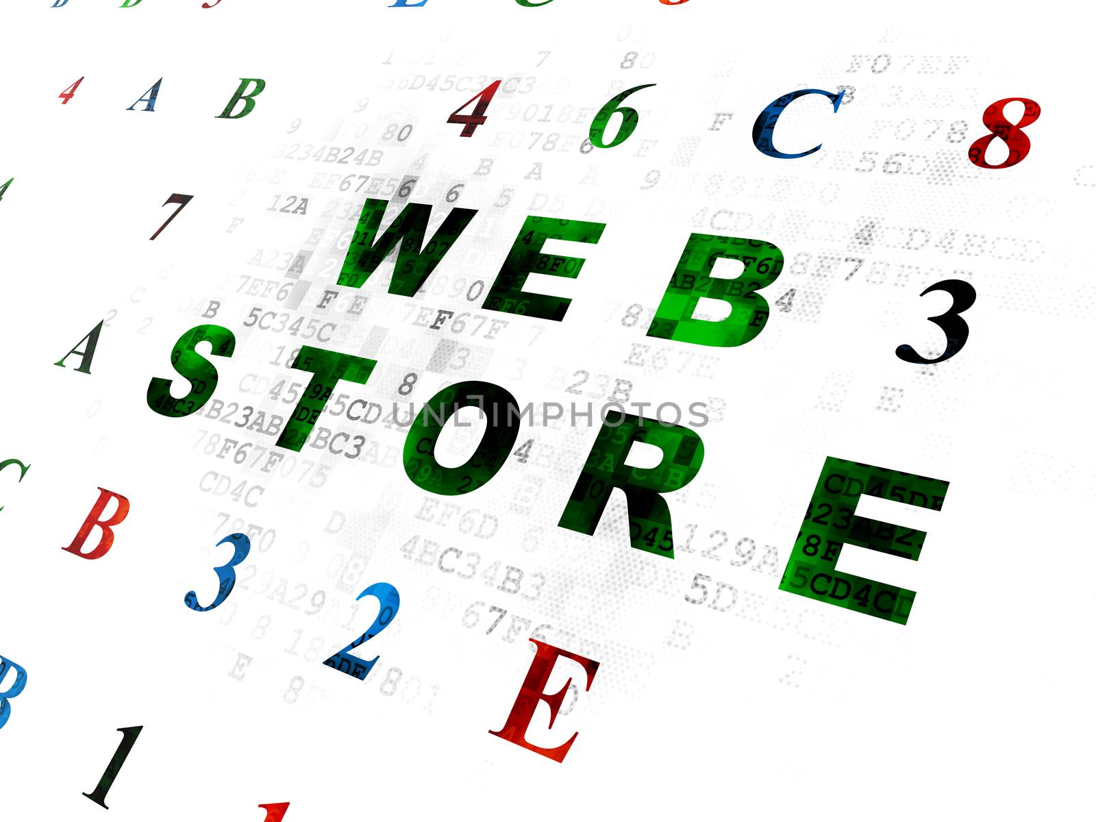 Web development concept: Pixelated green text Web Store on Digital wall background with Hexadecimal Code