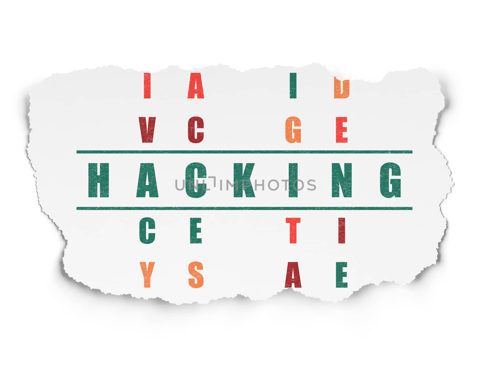 Security concept: Painted green word Hacking in solving Crossword Puzzle on Torn Paper background