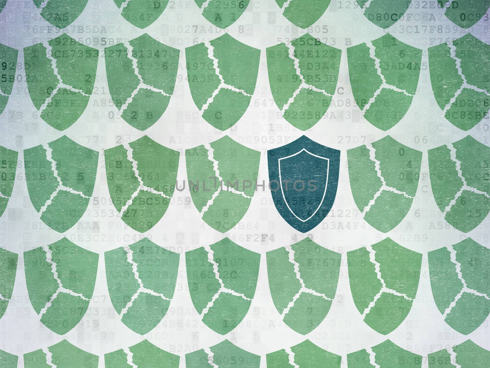 Privacy concept: rows of Painted green broken shield icons around blue shield icon on Digital Paper background