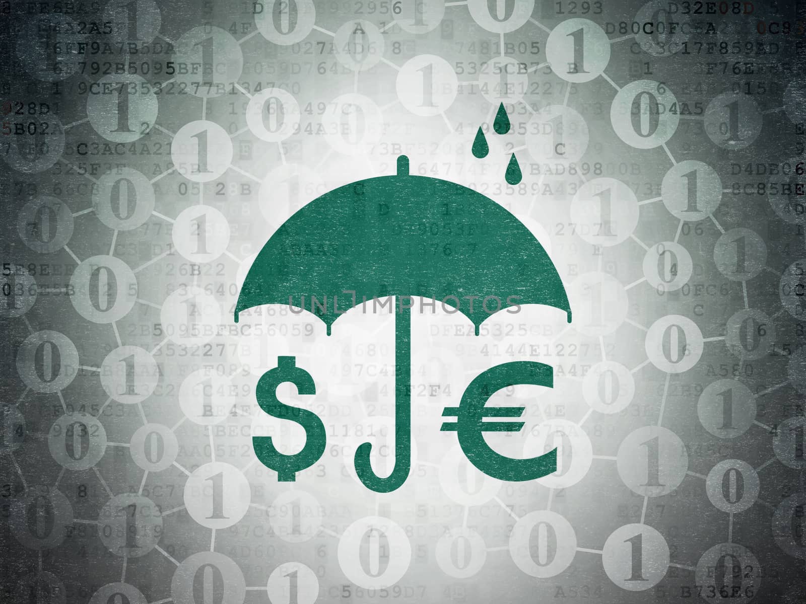 Safety concept: Painted green Money And Umbrella icon on Digital Paper background with Scheme Of Binary Code