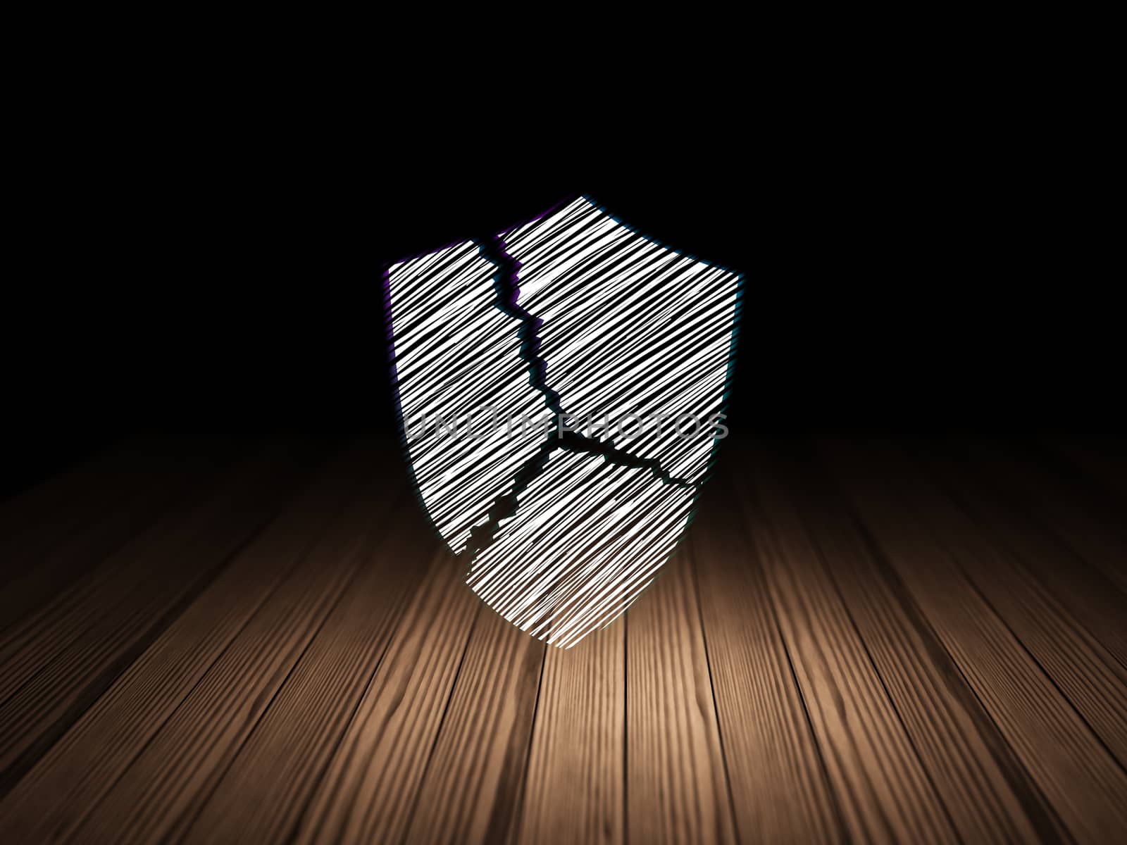 Privacy concept: Glowing Broken Shield icon in grunge dark room with Wooden Floor, black background