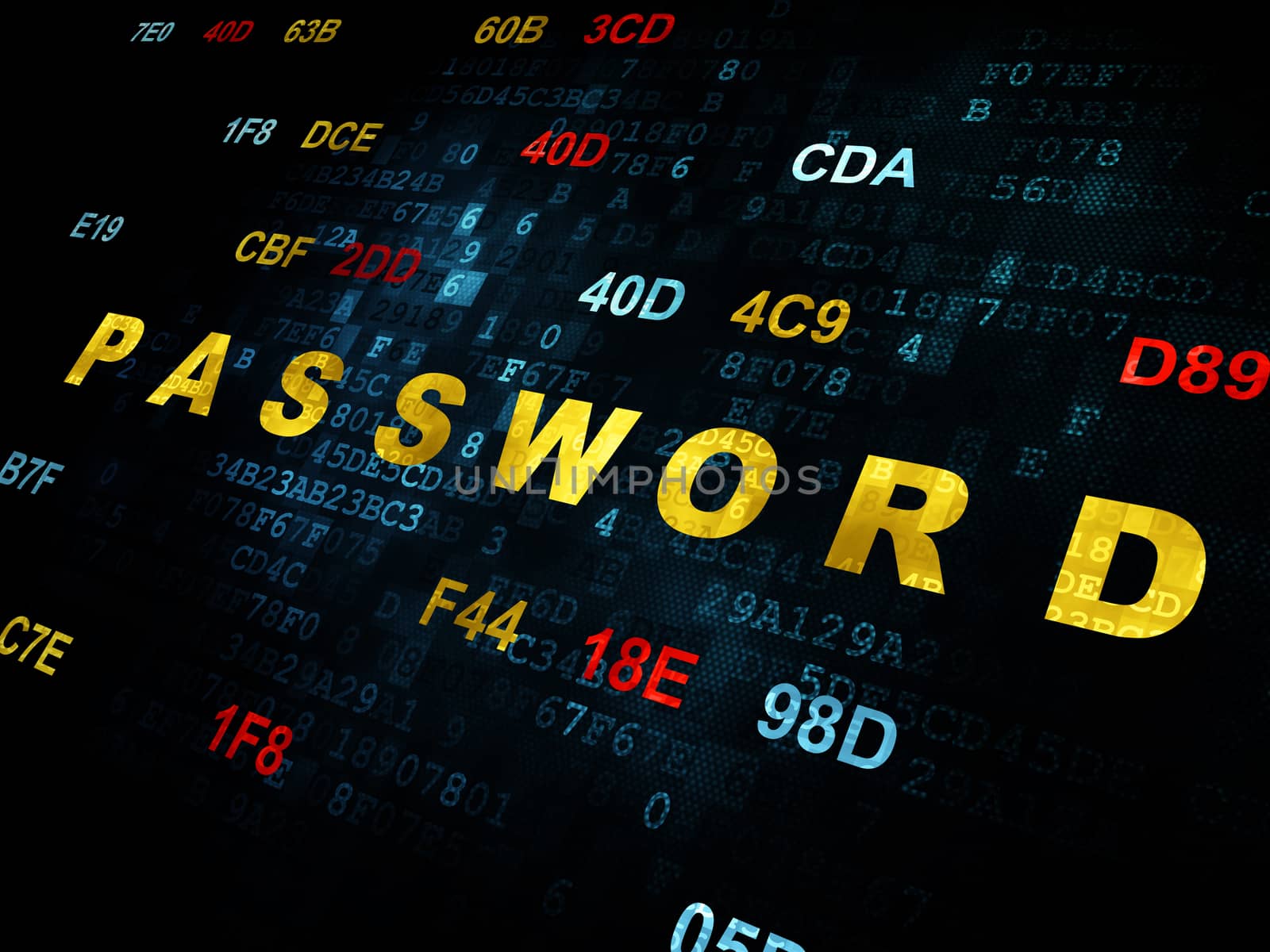 Protection concept: Pixelated yellow text Password on Digital wall background with Hexadecimal Code