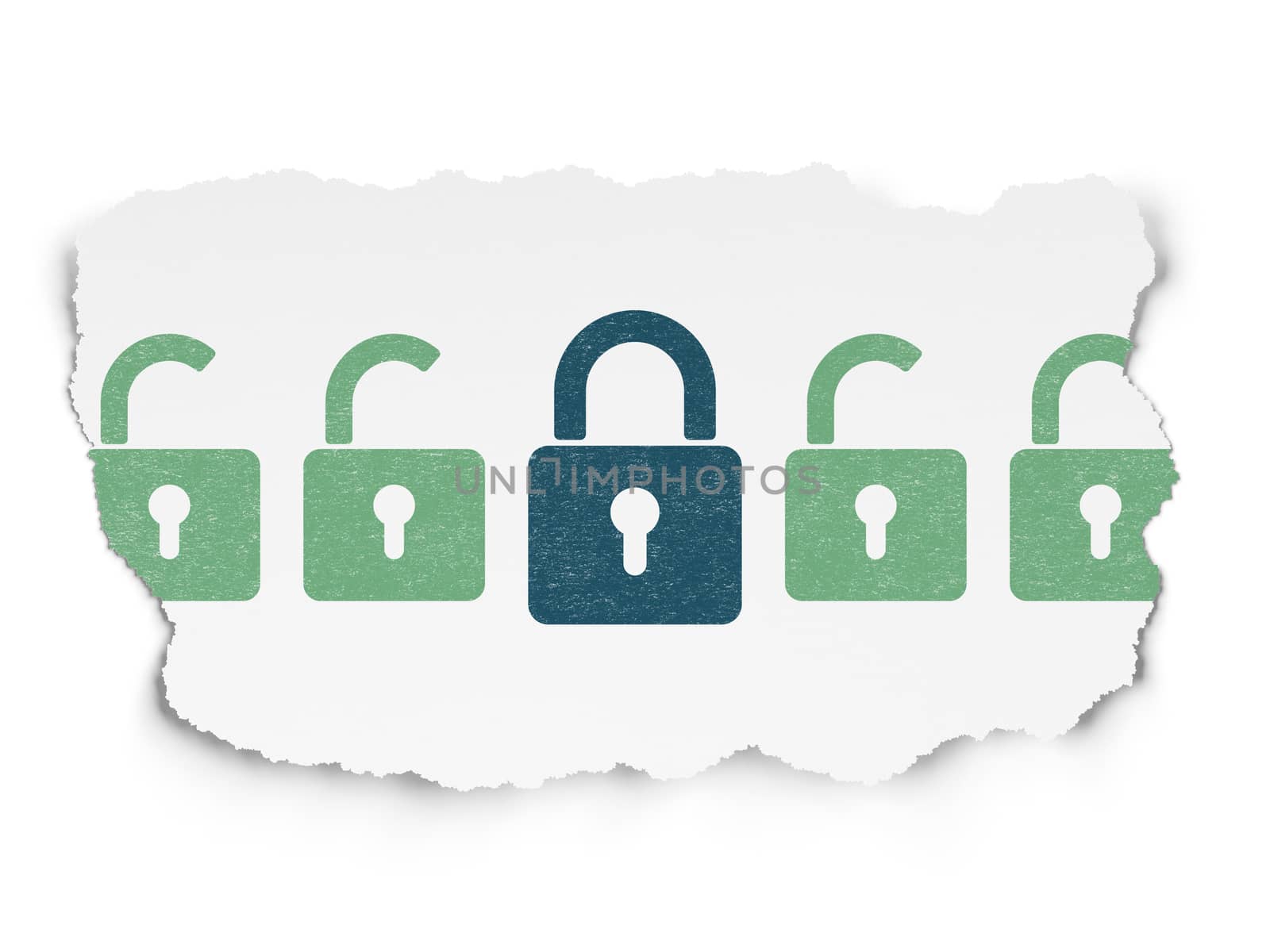 Security concept: row of Painted green opened padlock icons around blue closed padlock icon on Torn Paper background