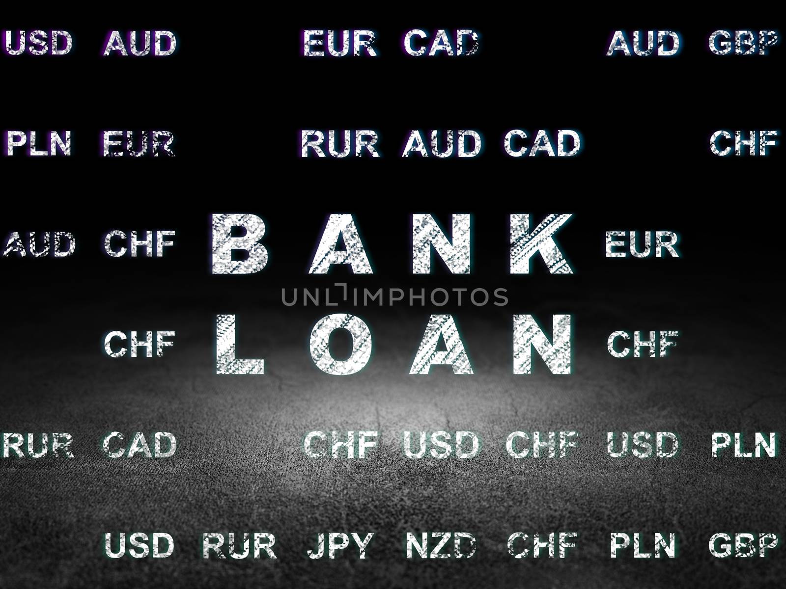 Money concept: Glowing text Bank Loan in grunge dark room with Dirty Floor, black background with Currency