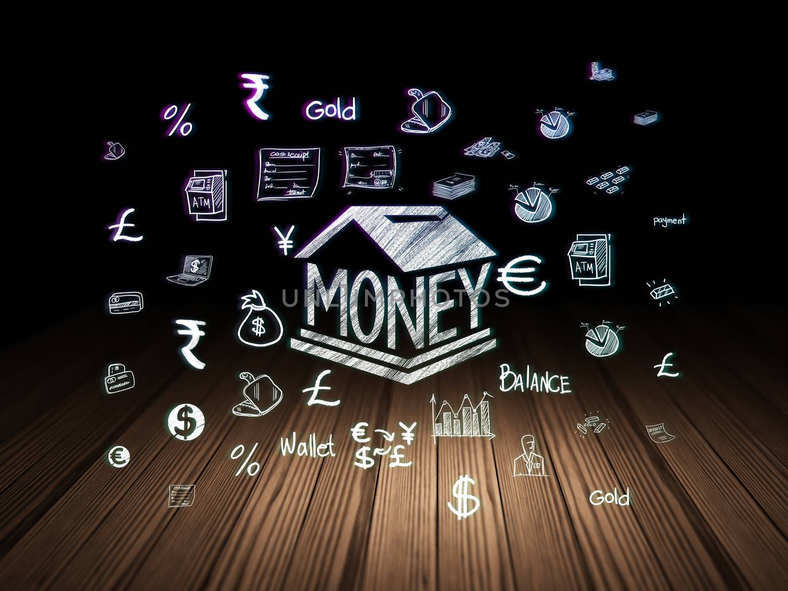 Currency concept: Glowing Money Box icon in grunge dark room with Wooden Floor, black background with  Hand Drawn Finance Icons