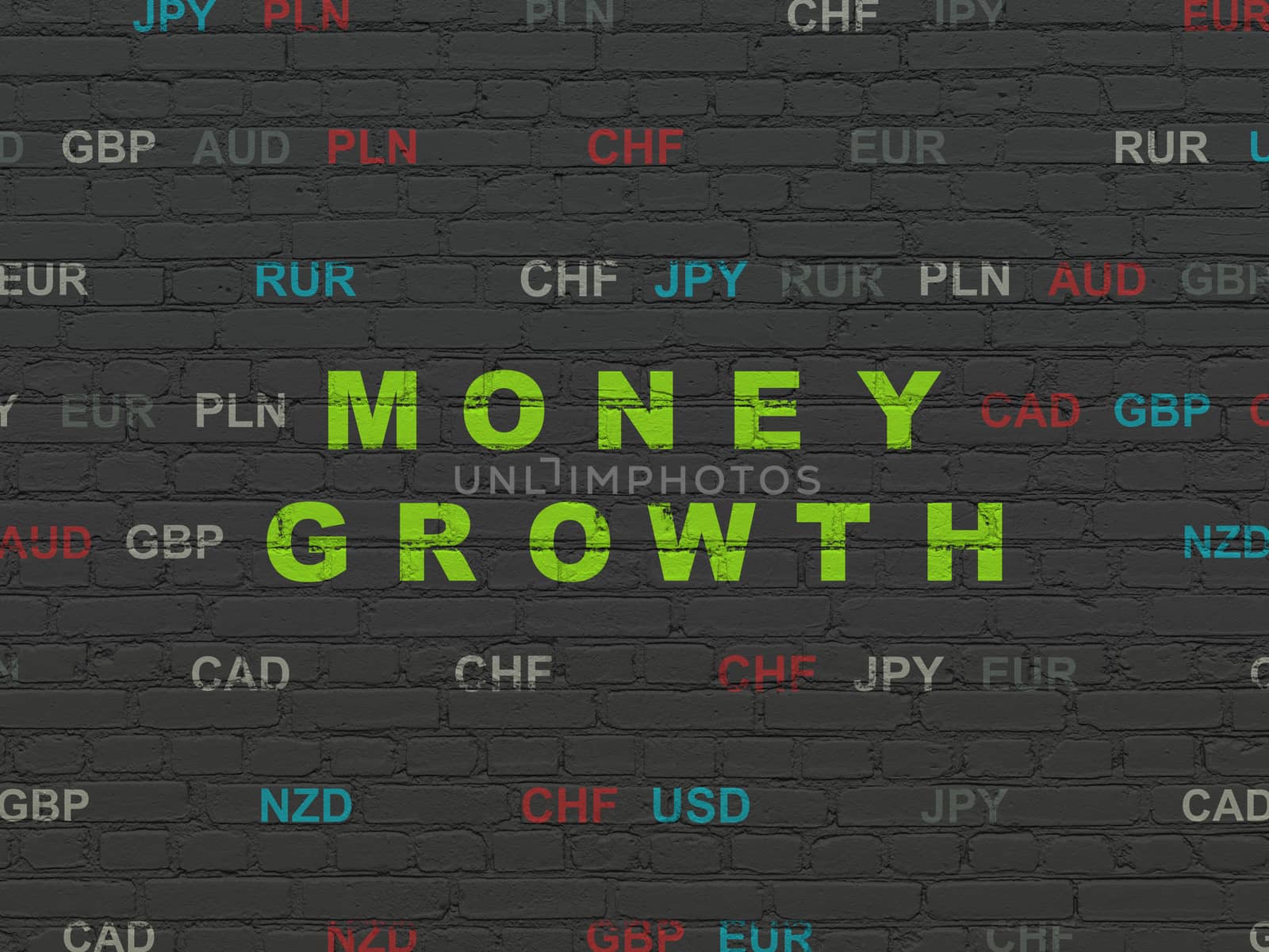 Banking concept: Painted green text Money Growth on Black Brick wall background with Currency