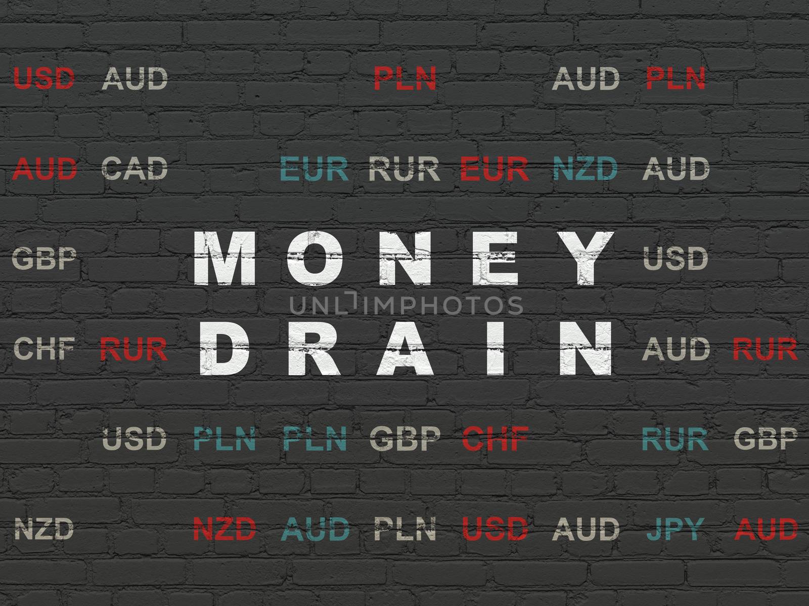 Banking concept: Painted white text Money Drain on Black Brick wall background with Currency