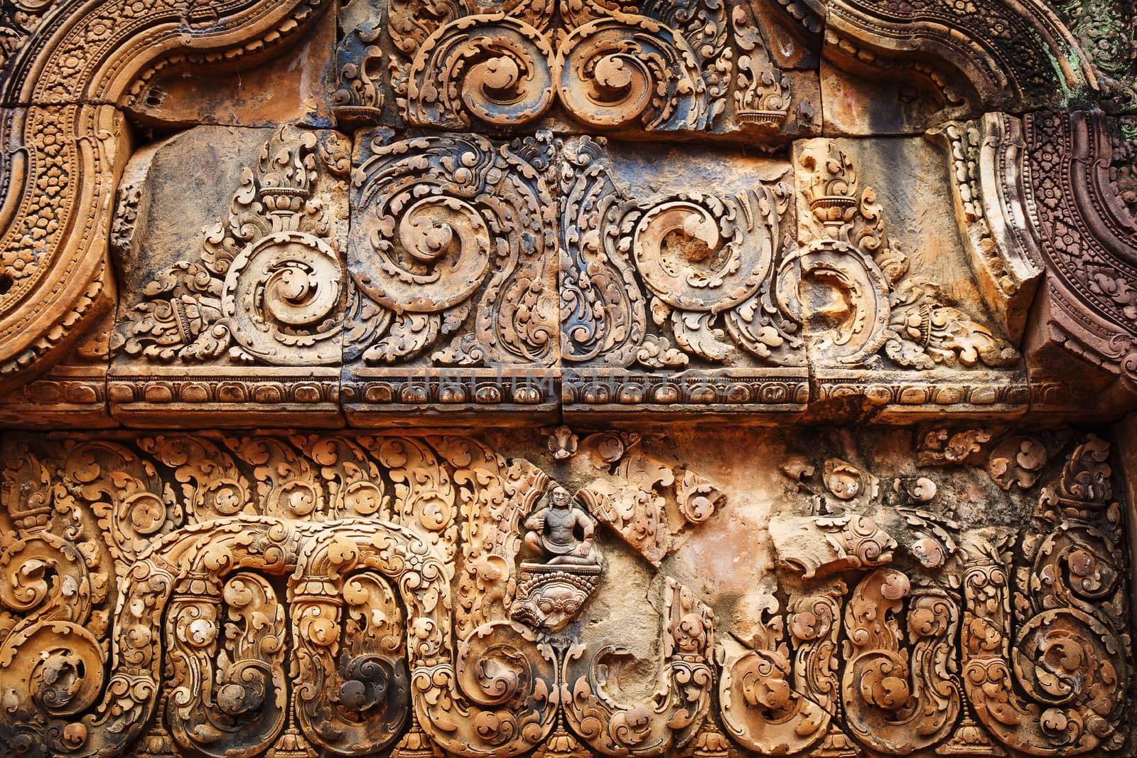 Khmer architecture in Banteay Srei temple that was built in 968, Siem Reap, Cambodia.