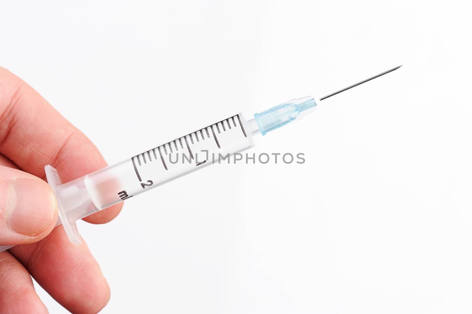 close up of syringe in hand on white background