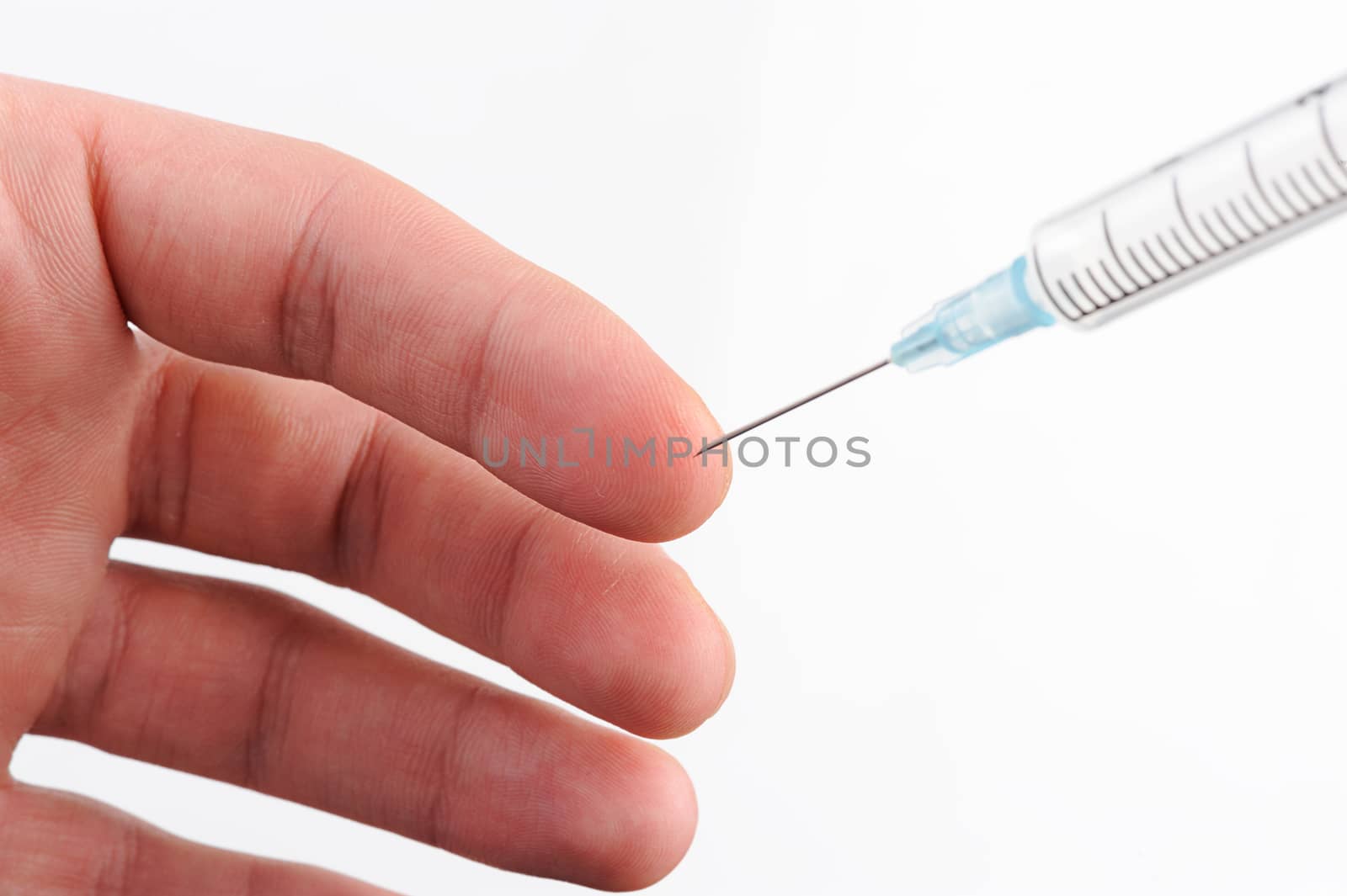 shot in finger with syringe on white background