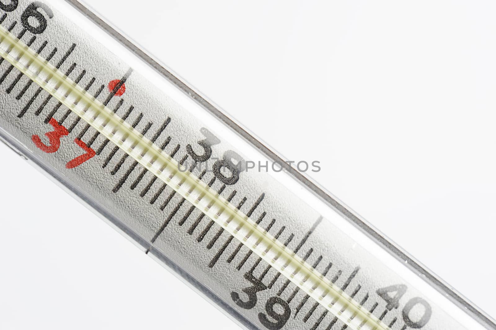 macro of thermometer on white with 36 and 6