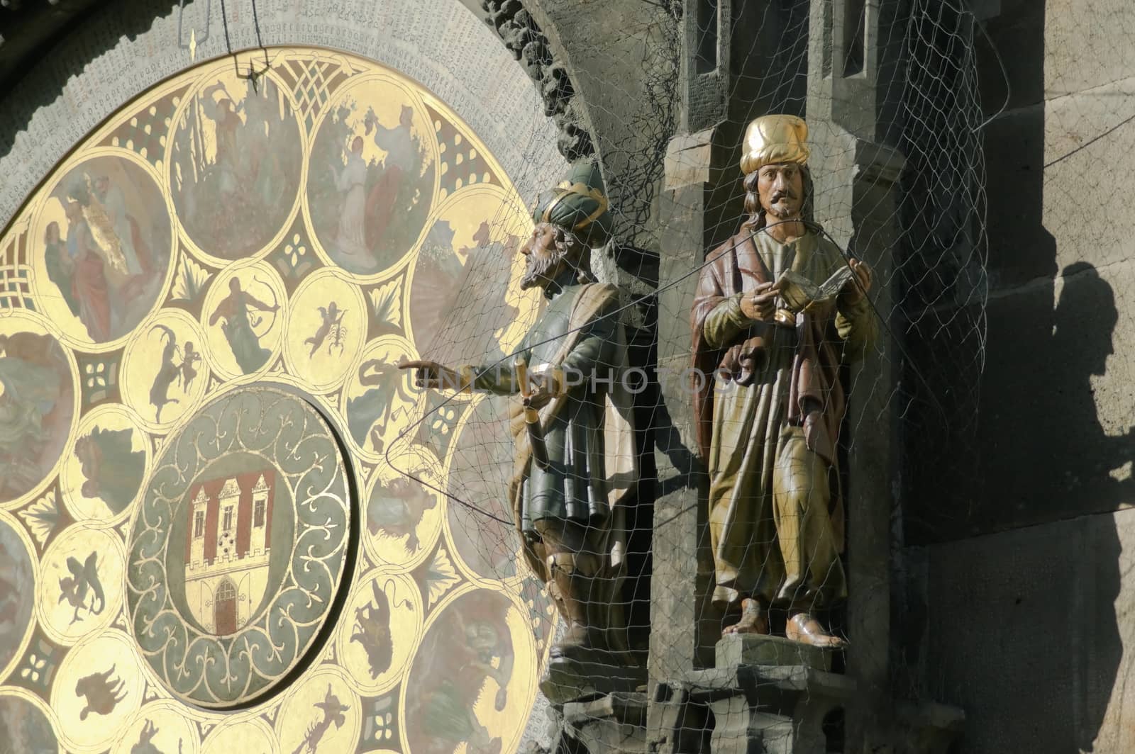 Sculptures and decor of Astronomical Clock located on the wall of the Prague City Hall.