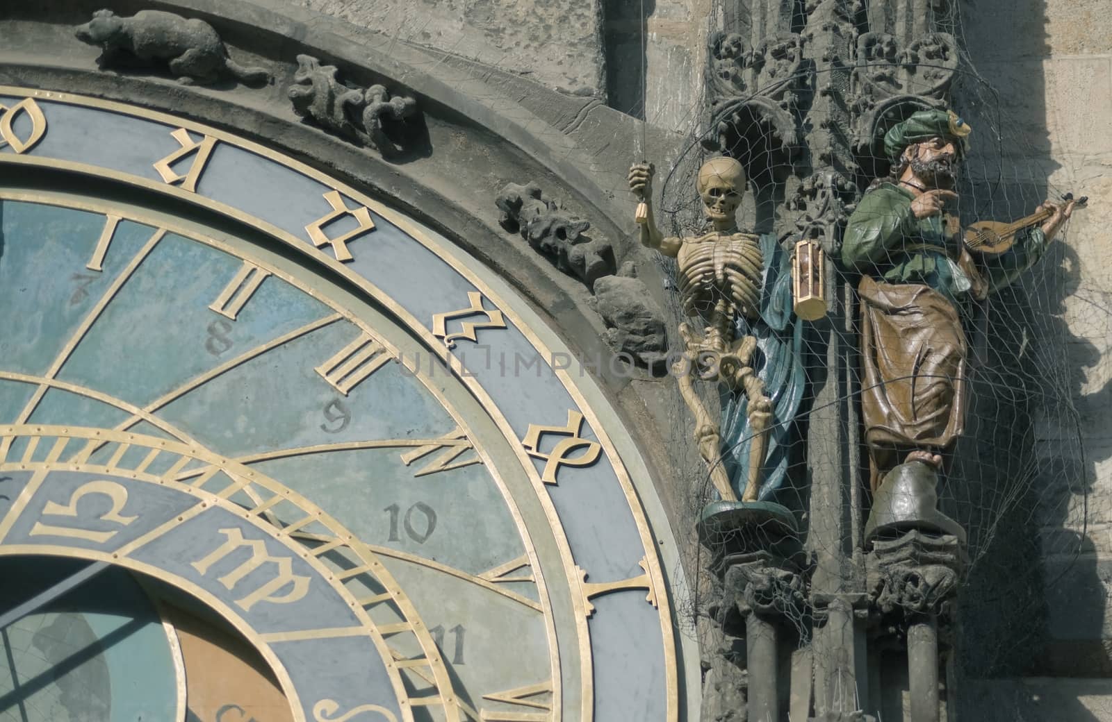 Sculptures and decor of Astronomical Clock located on the wall of the Prague City Hall.