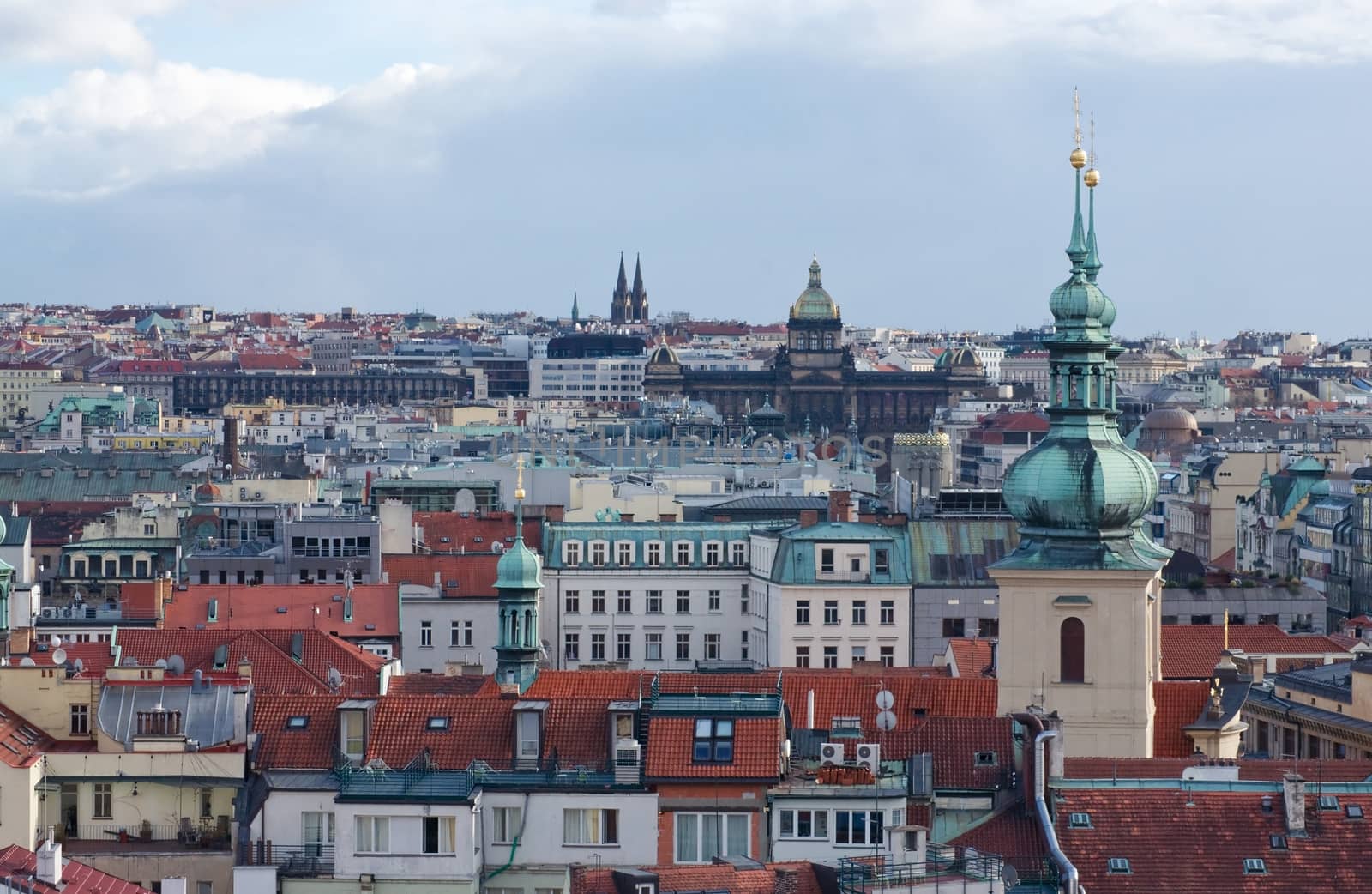 Panorama of the old part of Prague on a bright autumn day