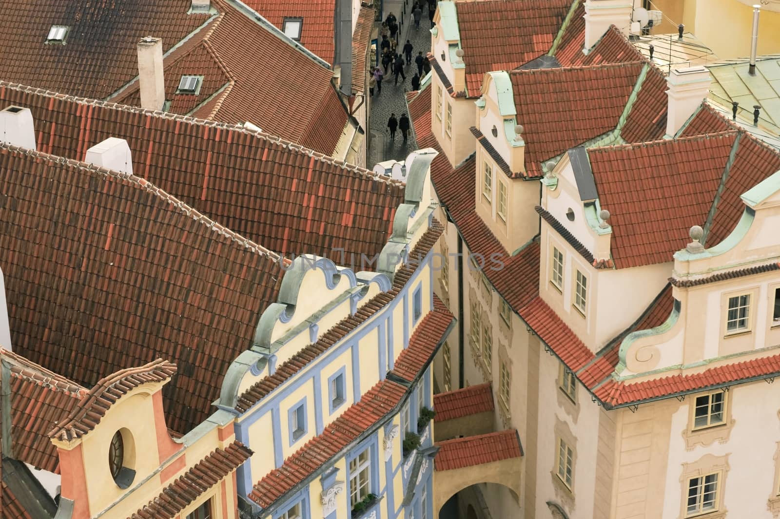 Aerial view of Prague small street in the old town