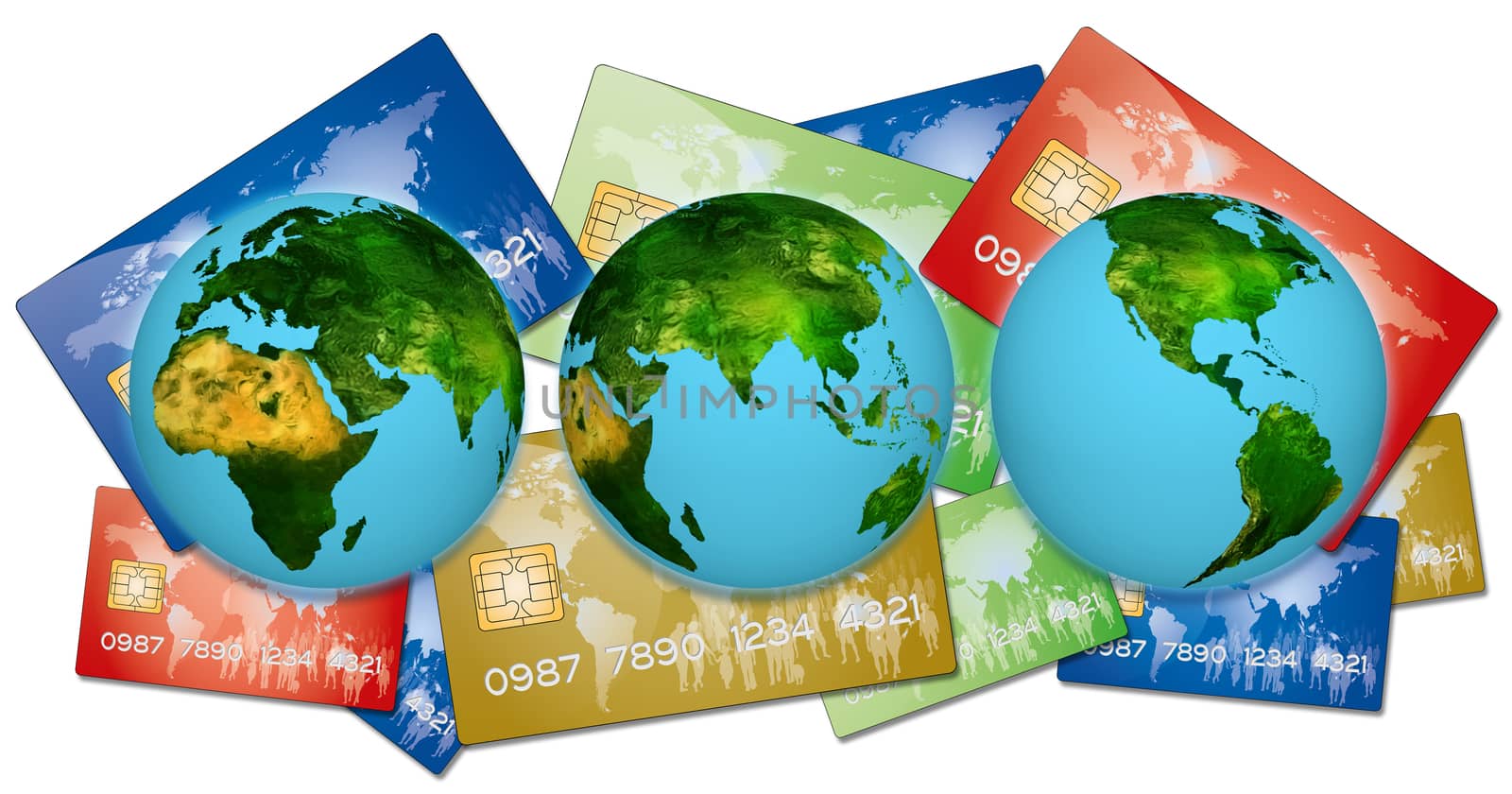 3 Earths representing all countries in the world cards payments by bank loans