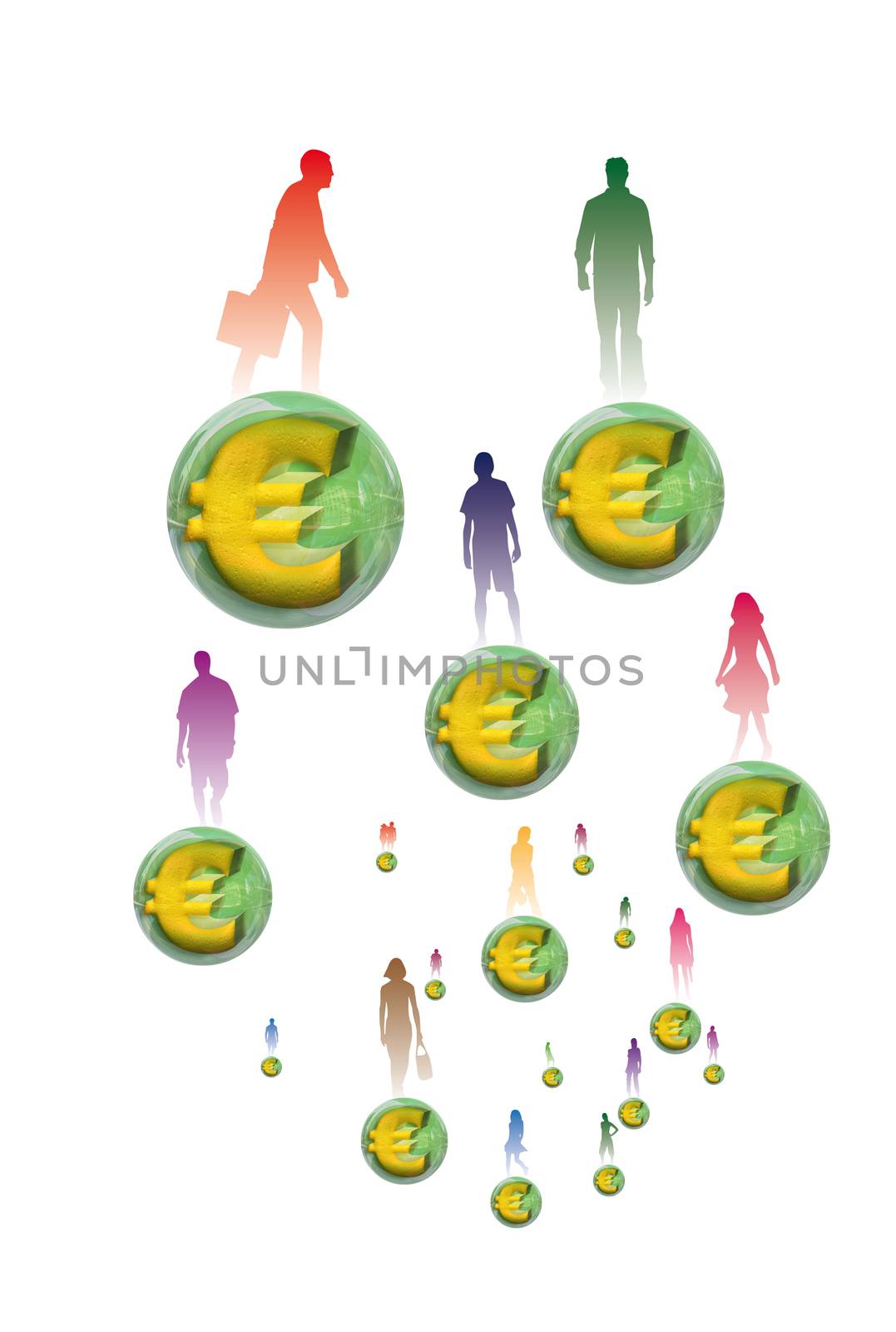 Silhouettes of several people standing on a ball embedded in euros in 3 dimensions