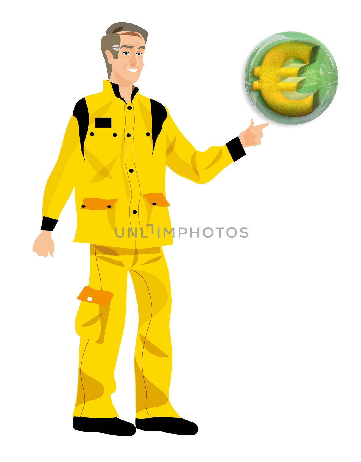 a construction worker showing his hand a euro in a ball in 3D