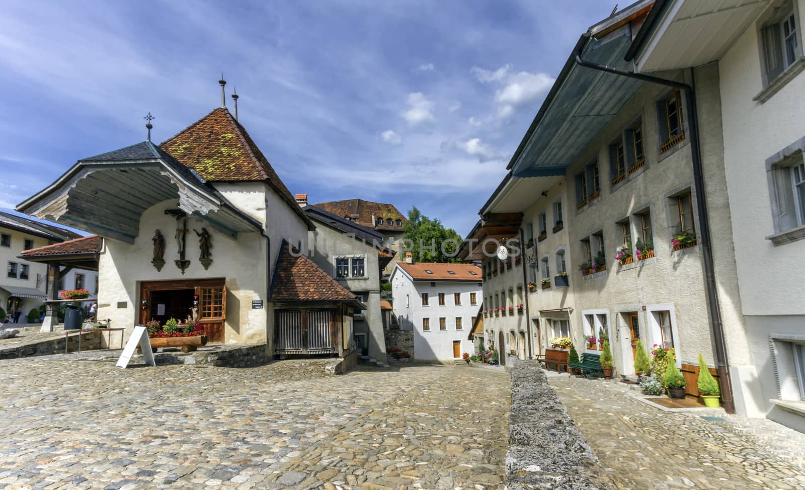 Street in Gruyeres village by day, Fribourg, Switzerland