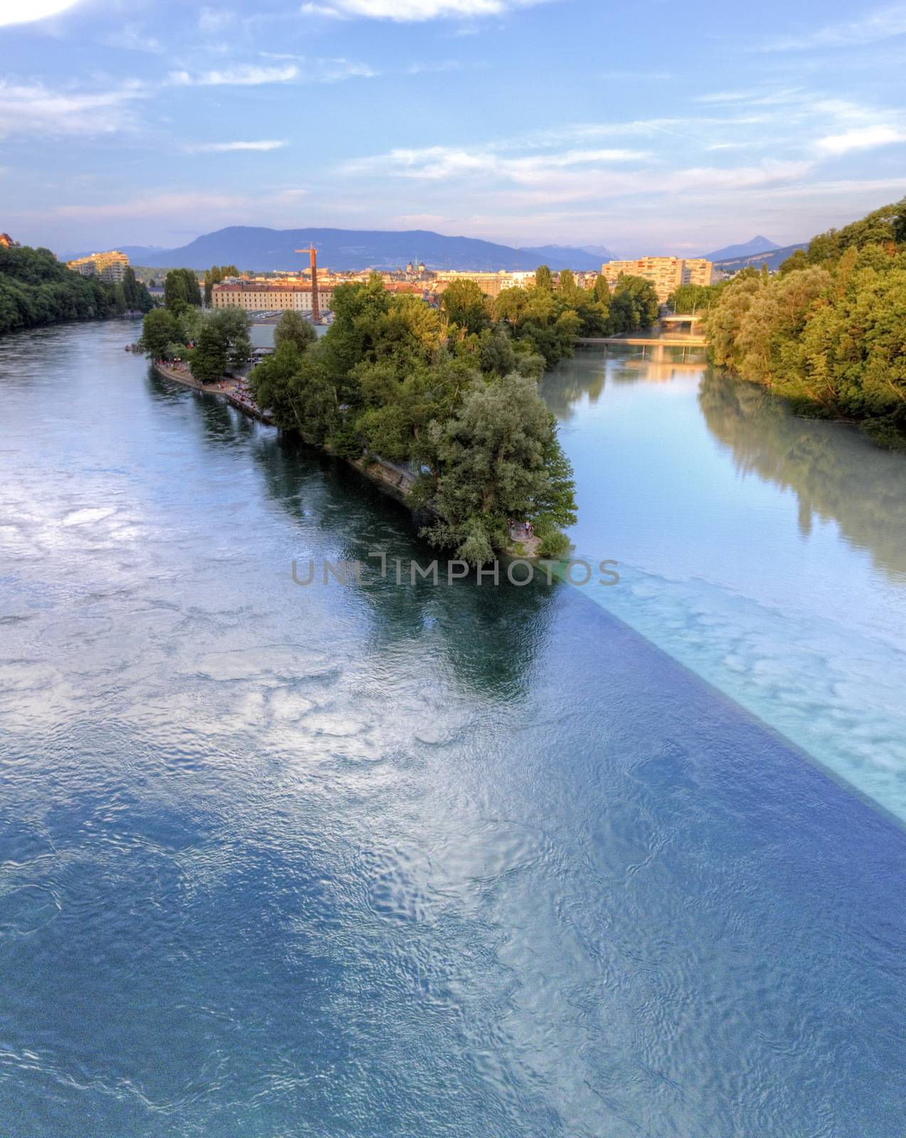 Rhone and Arve river confluence by sunset, Geneva, Switzerland, HDR