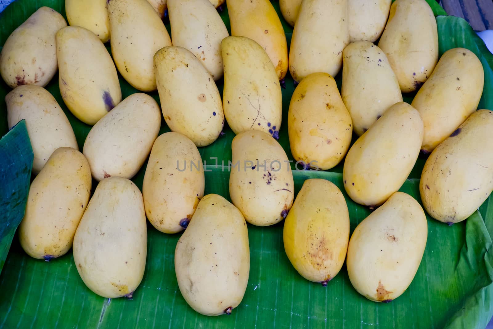 Yellow mango on banana leaf at Thai Market