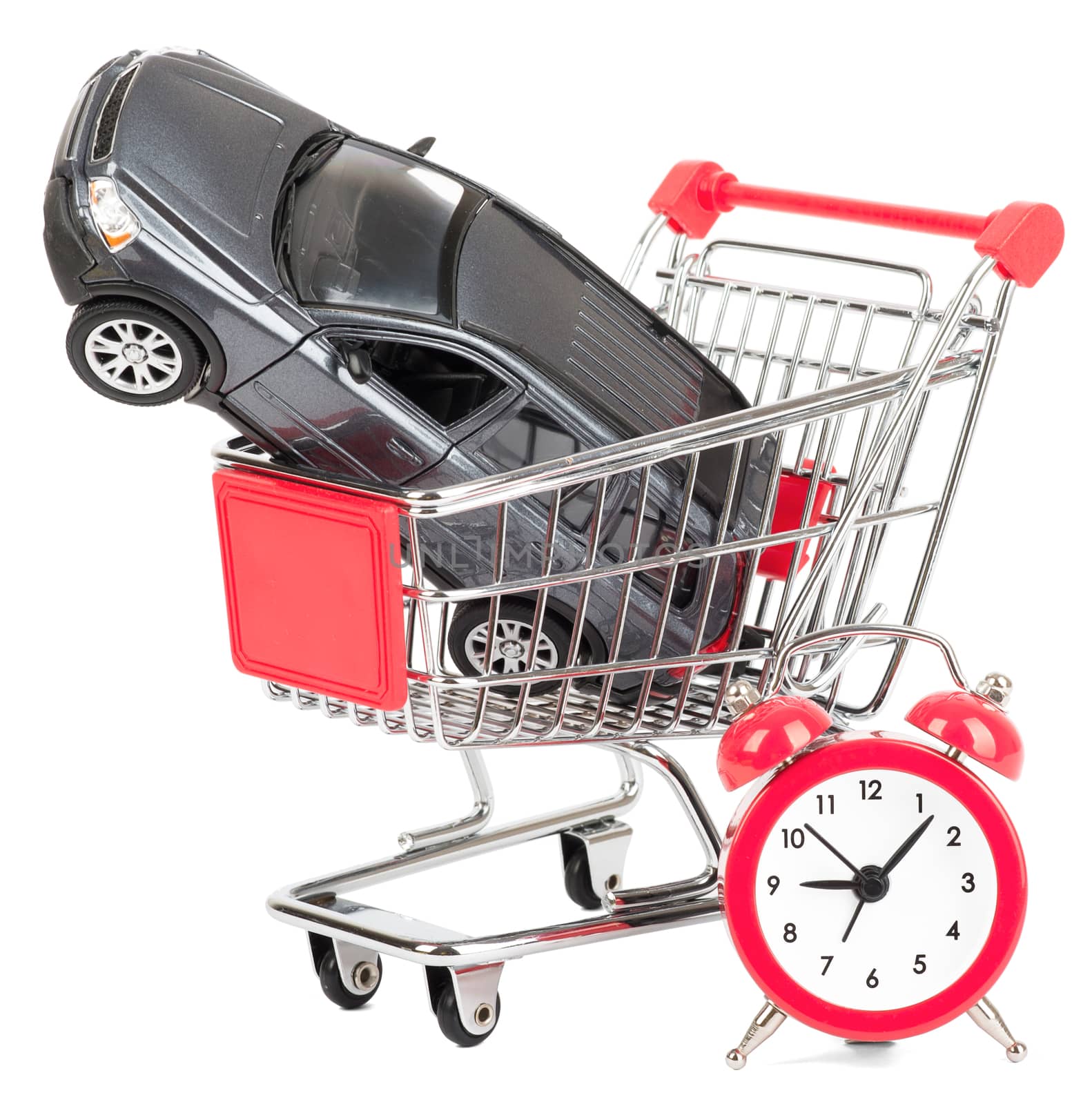Car in shopping cart with alarm clock by cherezoff