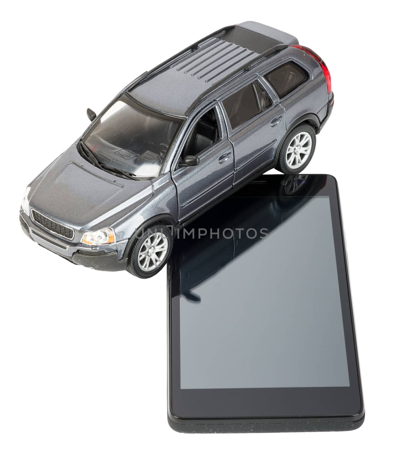 Car with smartphone isolated on white background, top view