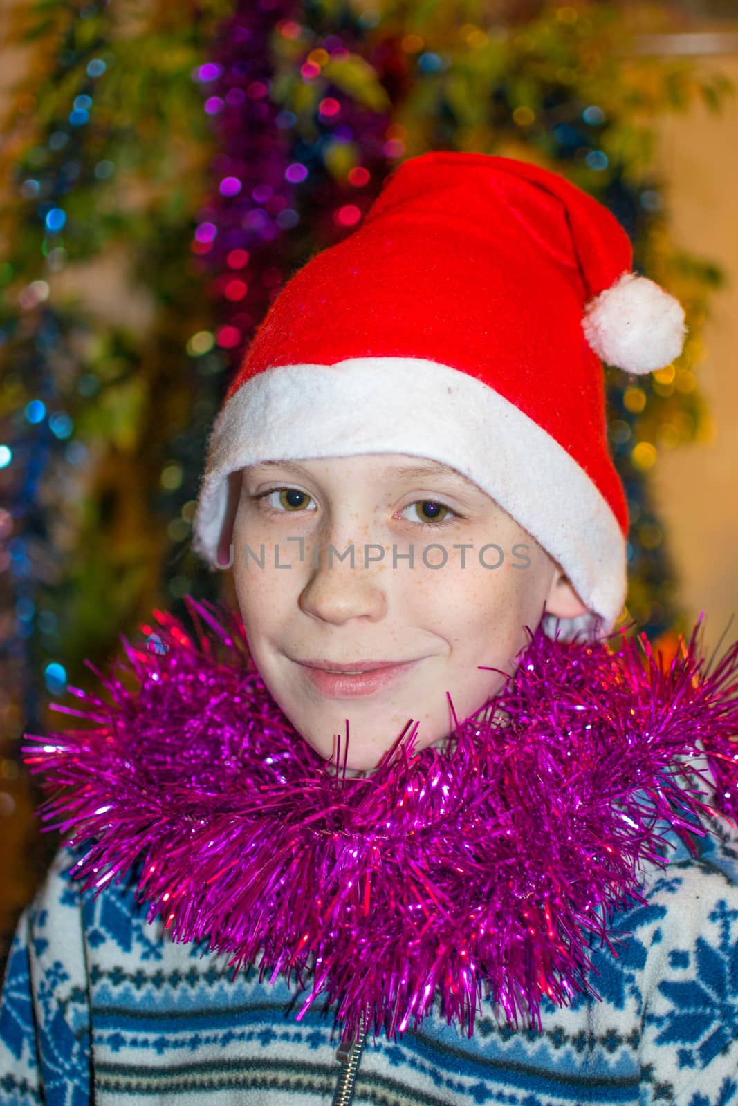 The teenage boy's portrait in a Christmas red hat