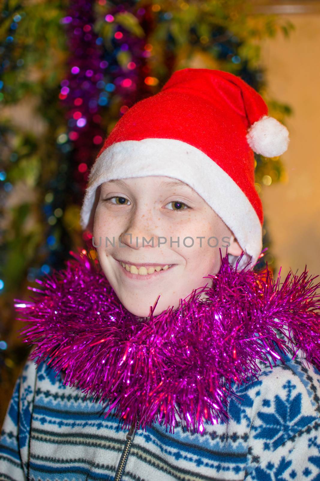 The teenage boy's portrait in a Christmas red hat