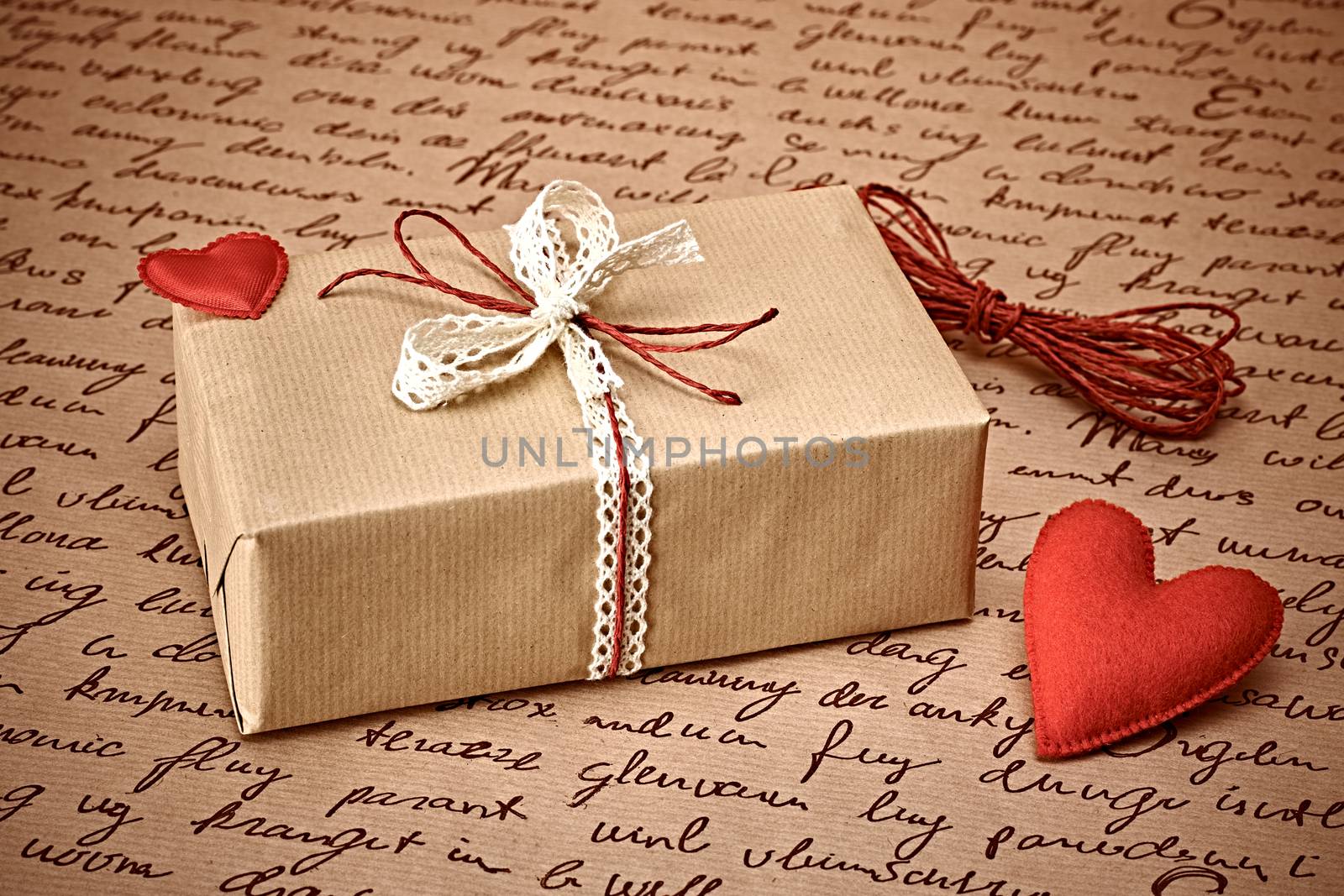Love hearts, Valentines Day. Handcraft gift box, present. Red felt hearts. Retro romantic styled. Vintage retro concept, unusual greeting card. Copyspase