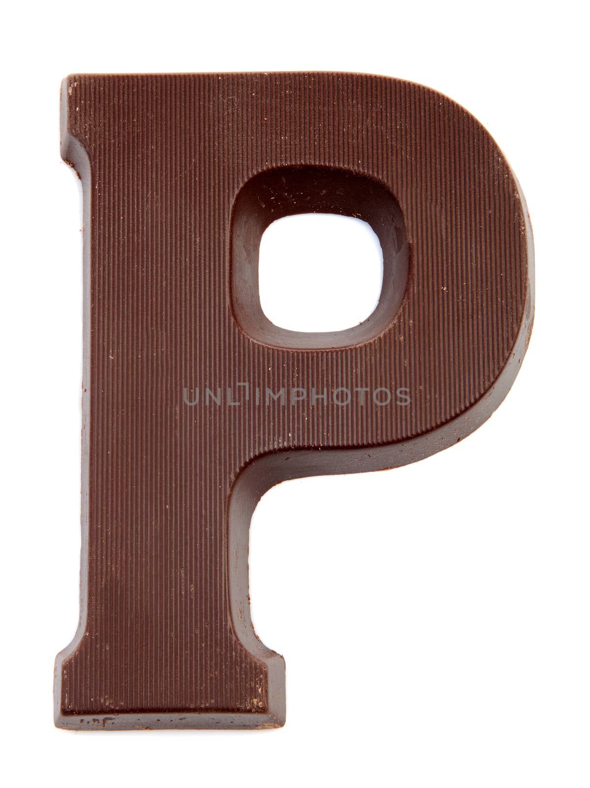 Chocolate letter P for Sinterklaas, event in the Dutch in december over white background