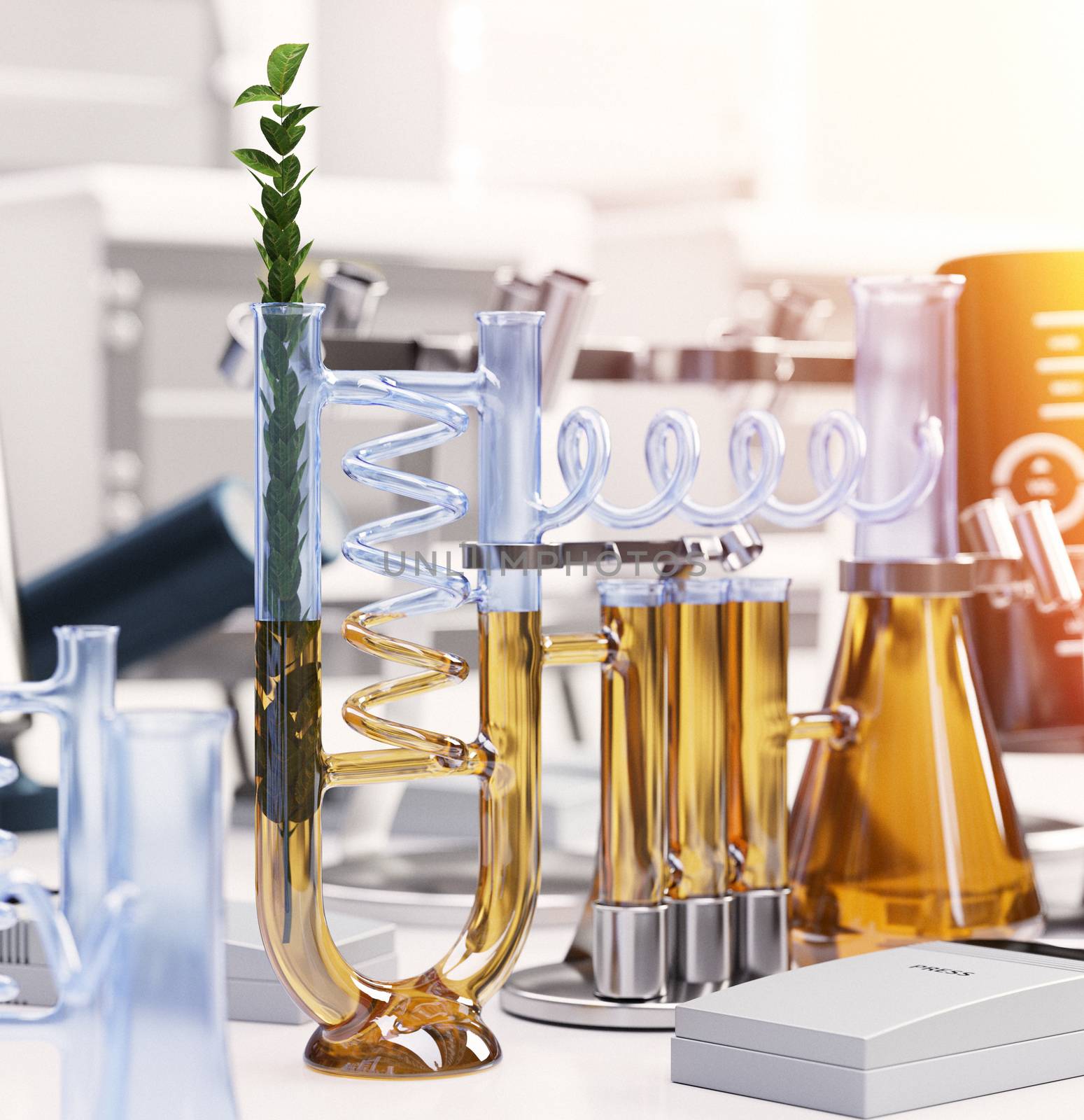 green plant in chemical laboratory science and technology concept background by denisgo