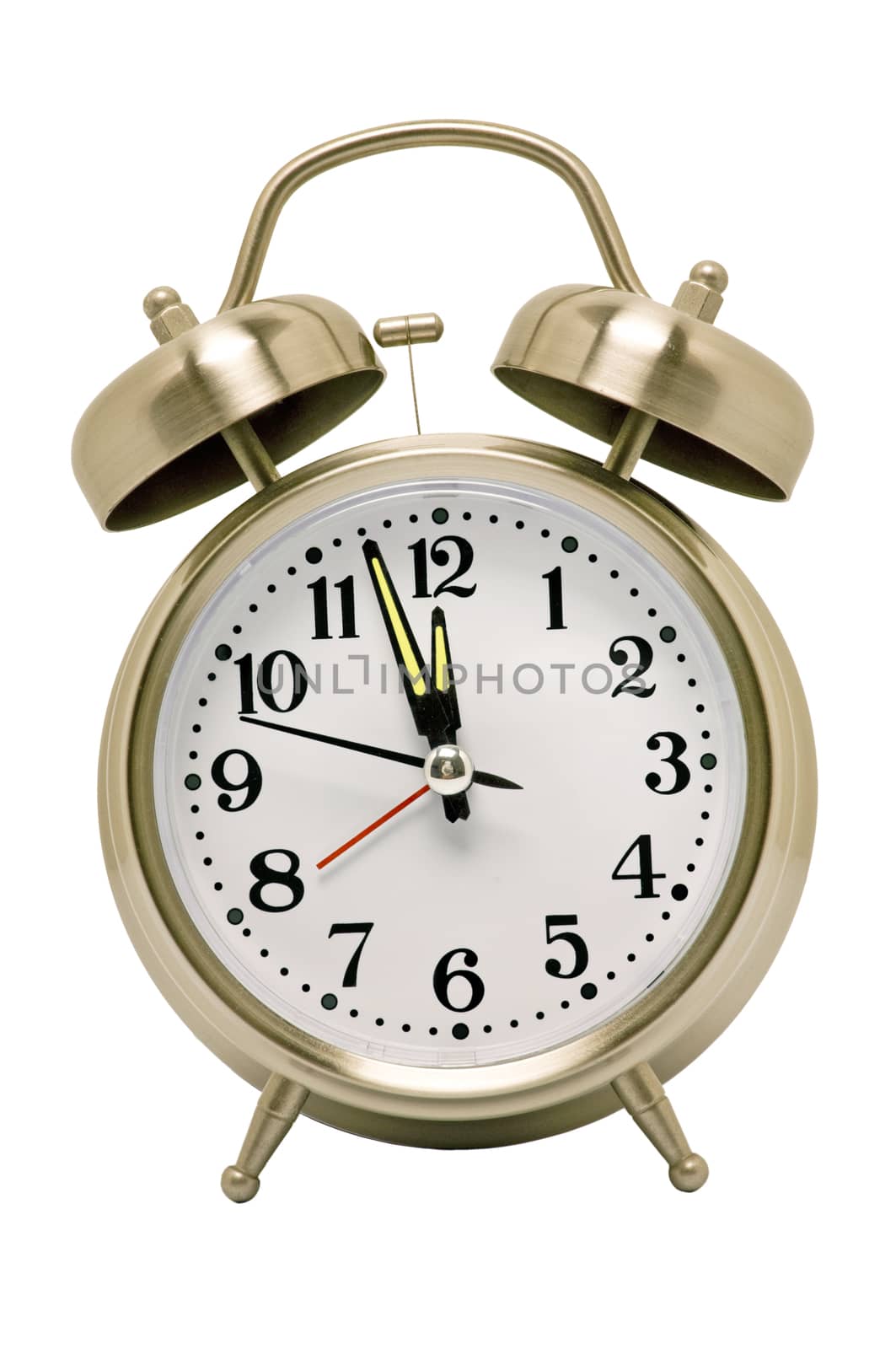 Vertical shot of a vintage alarm clock. Isolated on a white background