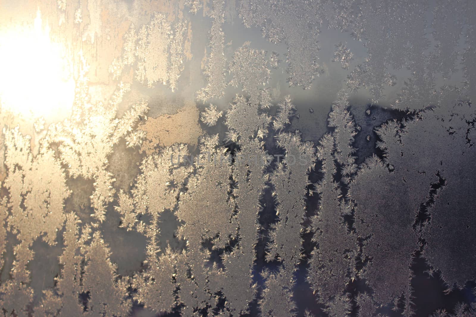 Frozen white window covered with frost in winter patterned.