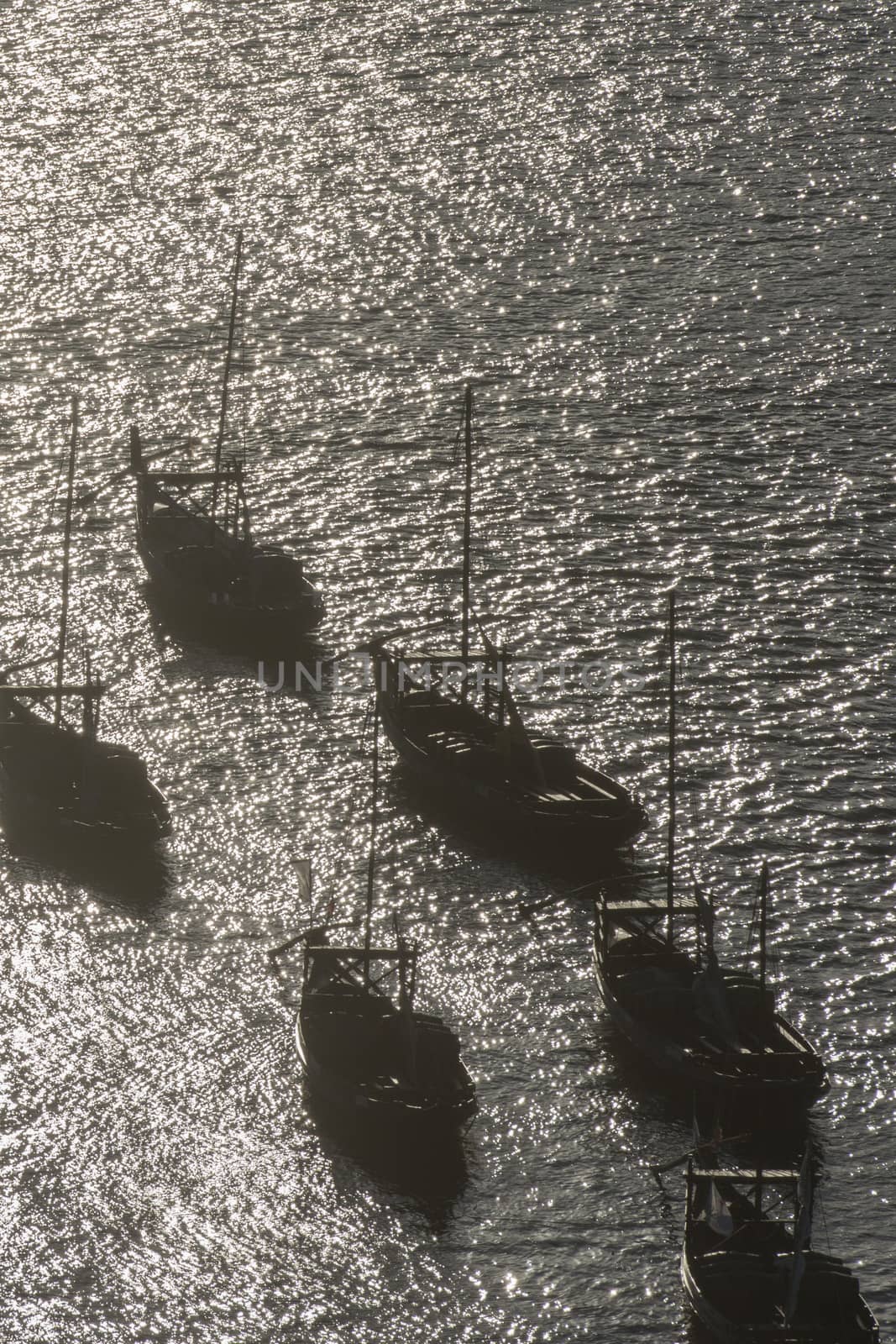 the port wine Boats at the waterfront with the old town on the Douro River in Ribeira in the city centre of Porto in Porugal in Europe.