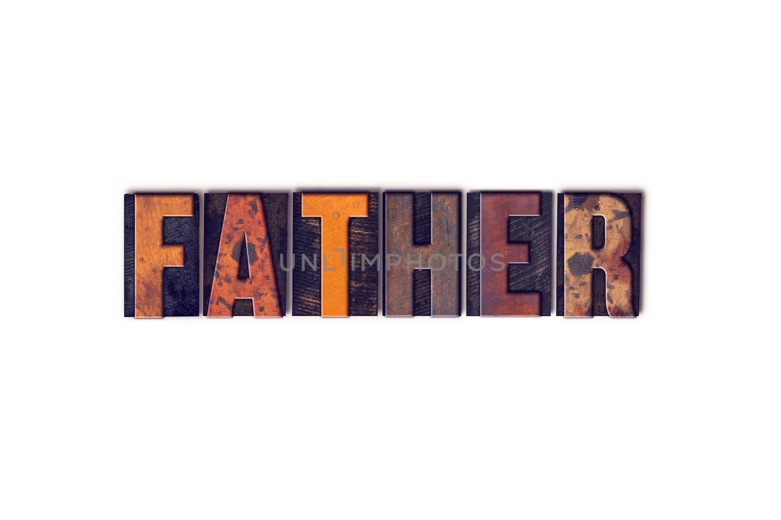 The word "Father" written in isolated vintage wooden letterpress type on a white background.