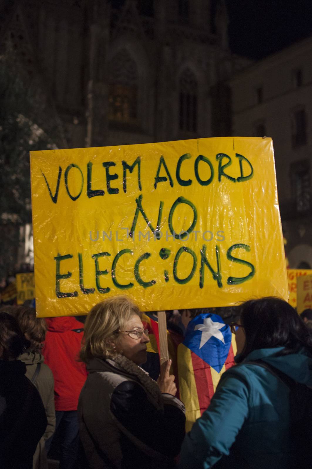 SPAIN, Barcelona: An estimated one thousand people rally for Catalan independence in the plaza of the Cathedral of Barcelona in Spain on January 7, 2016. Protesters push for an agreement between the pro-independence Together For Yes (Junts pel Si) and Popular Unity Candidacy (CUP) parties for the formation of a new government; and the prevention of elections to be held on March.