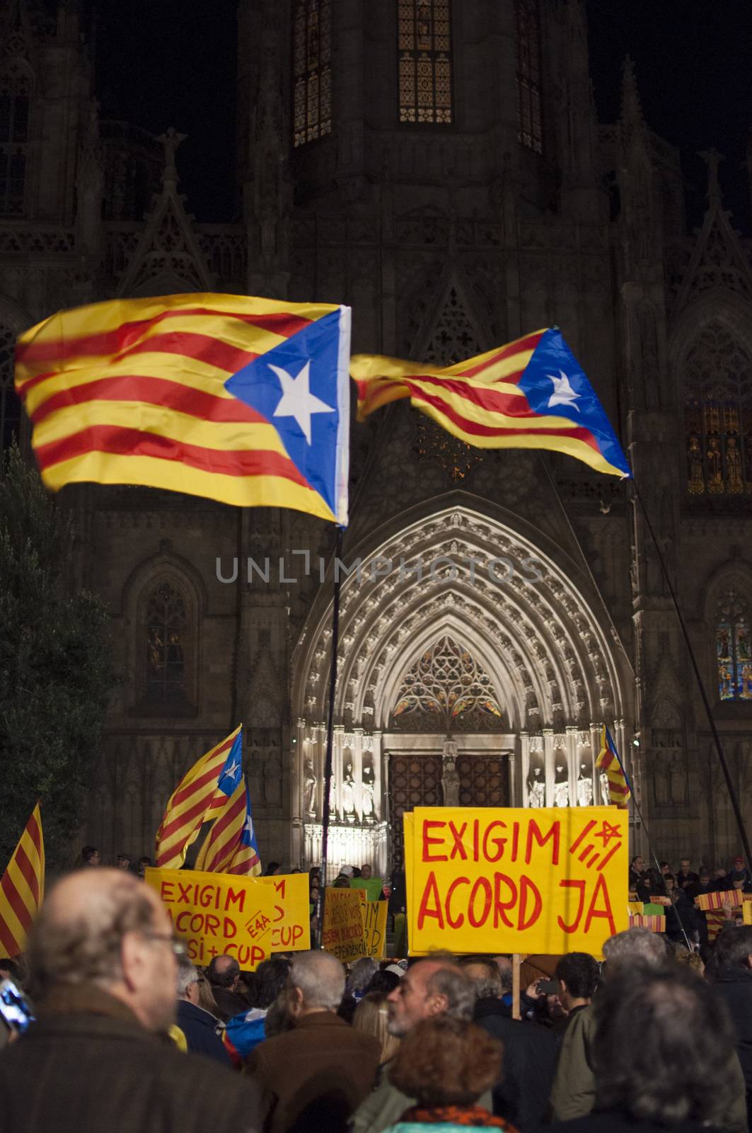 SPAIN, Barcelona: An estimated one thousand people rally for Catalan independence in the plaza of the Cathedral of Barcelona in Spain on January 7, 2016. Protesters push for an agreement between the pro-independence Together For Yes (Junts pel Si) and Popular Unity Candidacy (CUP) parties for the formation of a new government; and the prevention of elections to be held on March.