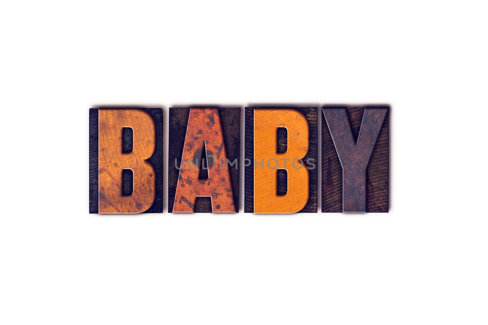 The word "Baby" written in isolated vintage wooden letterpress type on a white background.