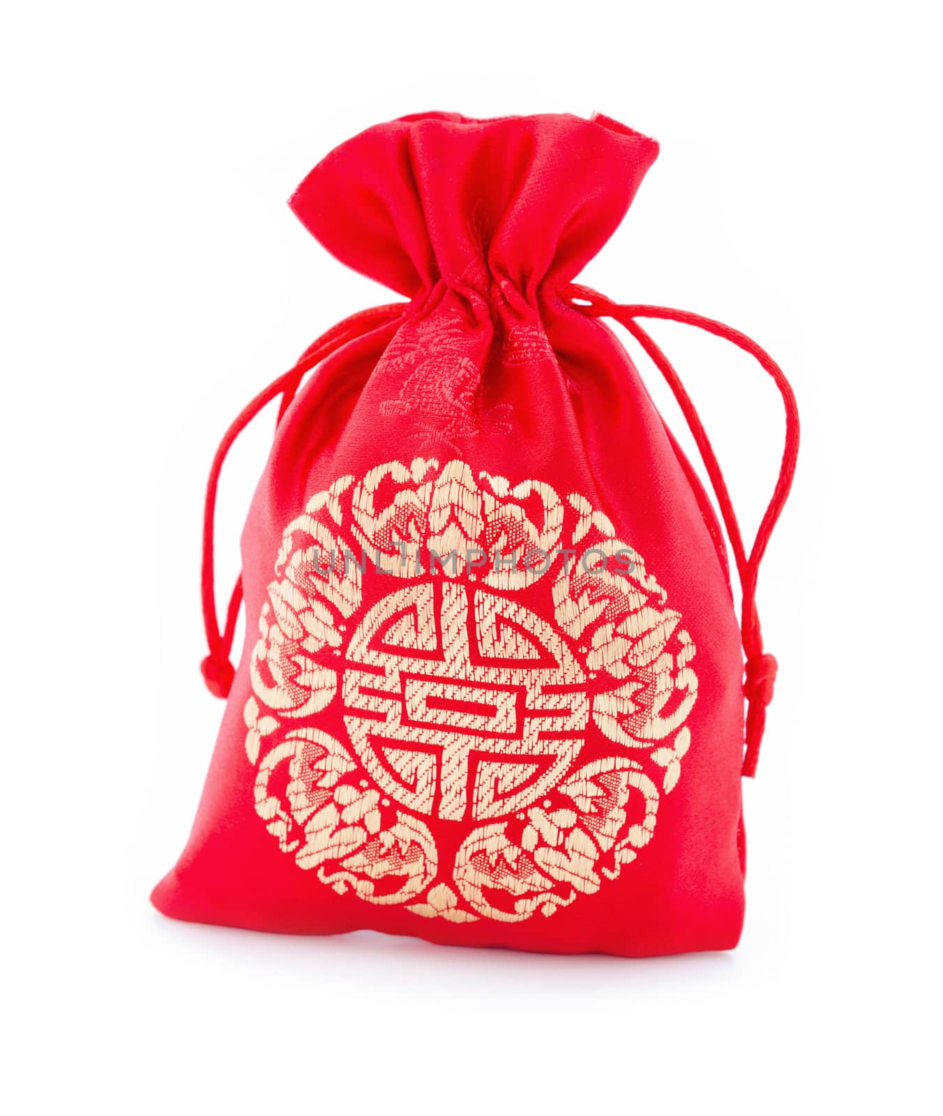 Red fabric bag or ang pow with Chinese style pattern on white background.