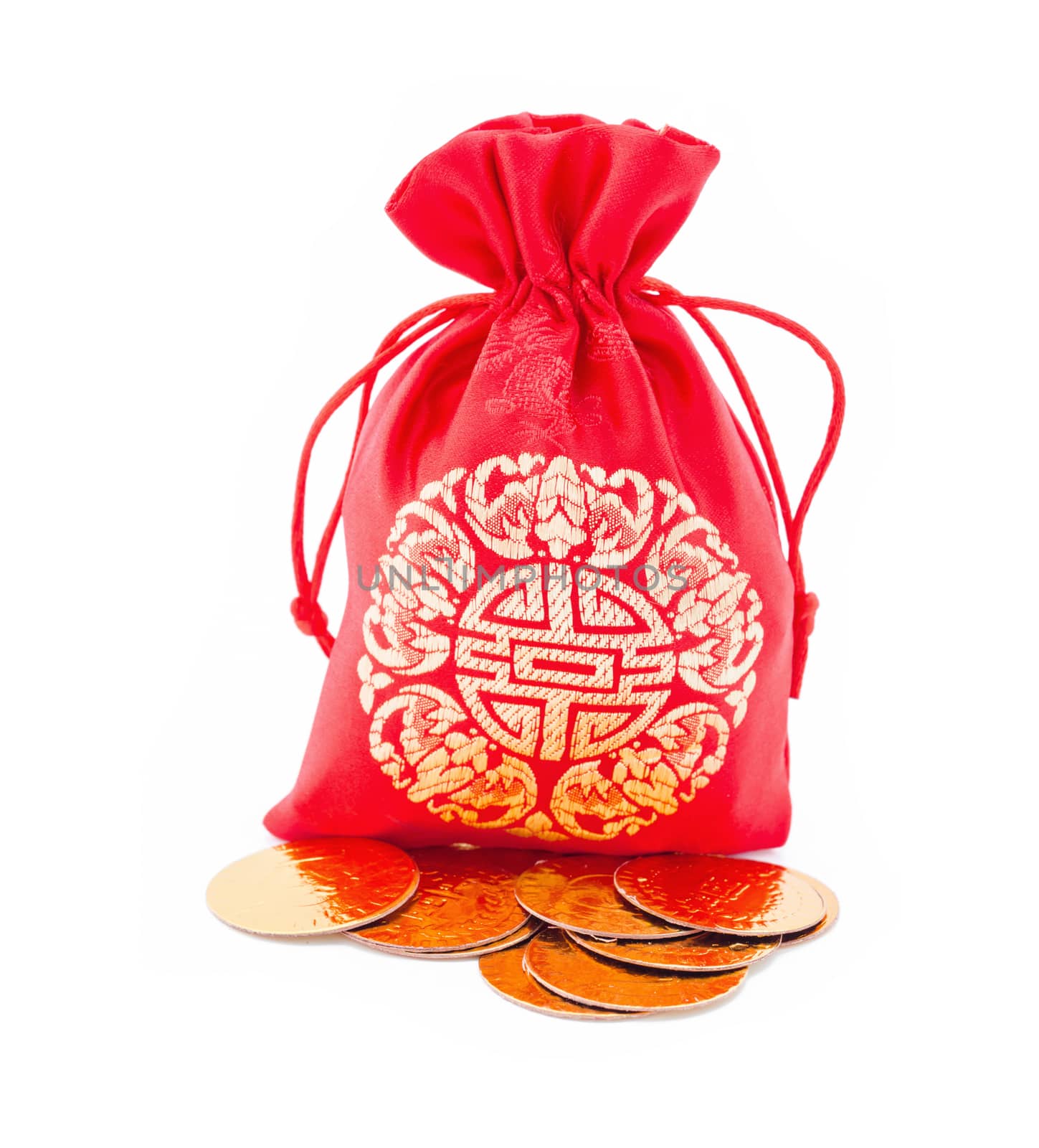 Chinese New Year Gift Bag and Gold ingot Ornament on White Background