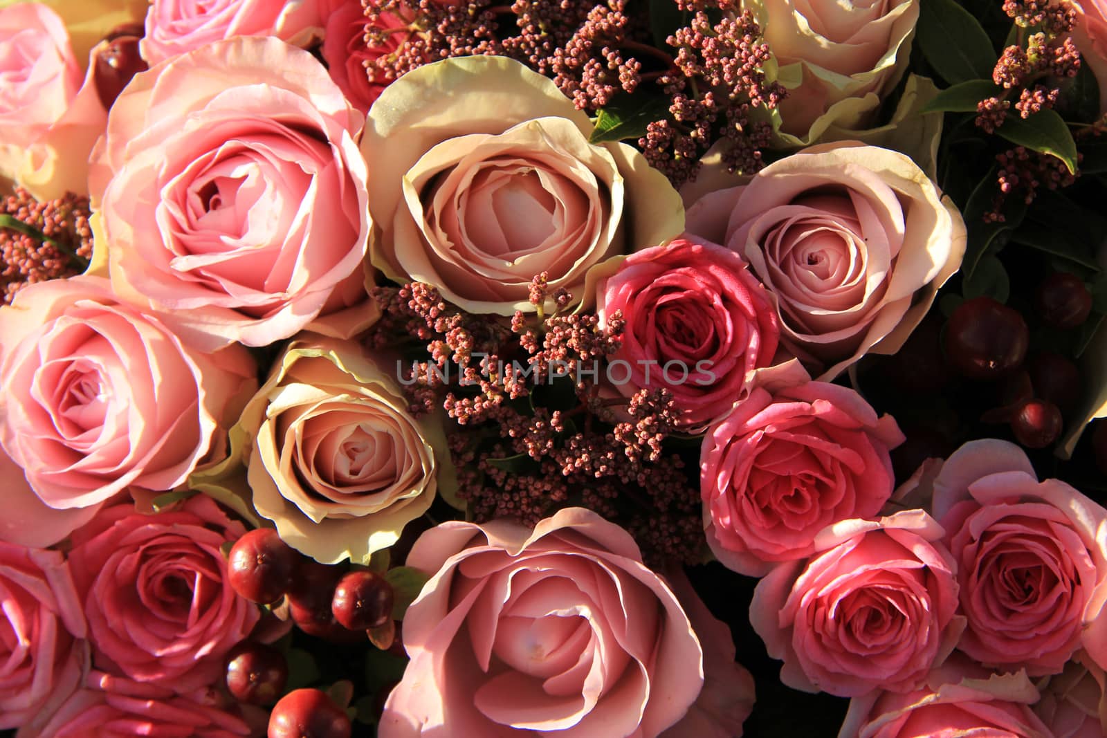 Pastel roses in different shades of pink in a bridal arrangement